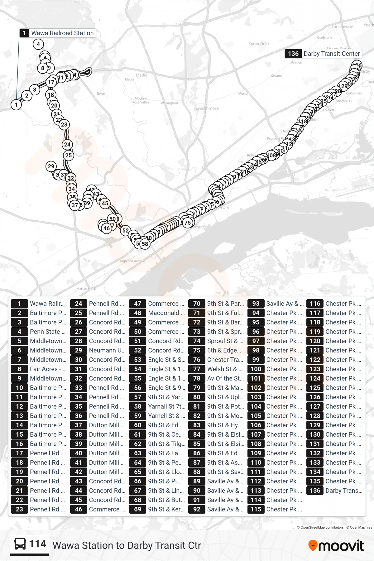 114 bus Line (Darby Transit Center) route and stops on a map
