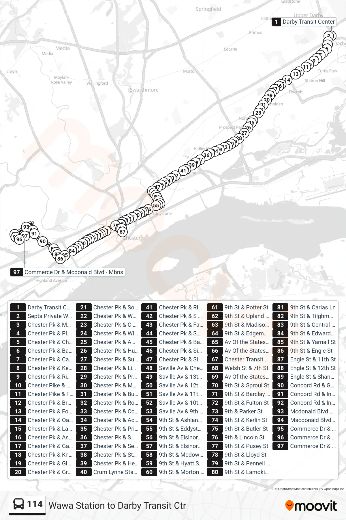 114 bus Line (I-95 Industrial Park) route and stops on a map