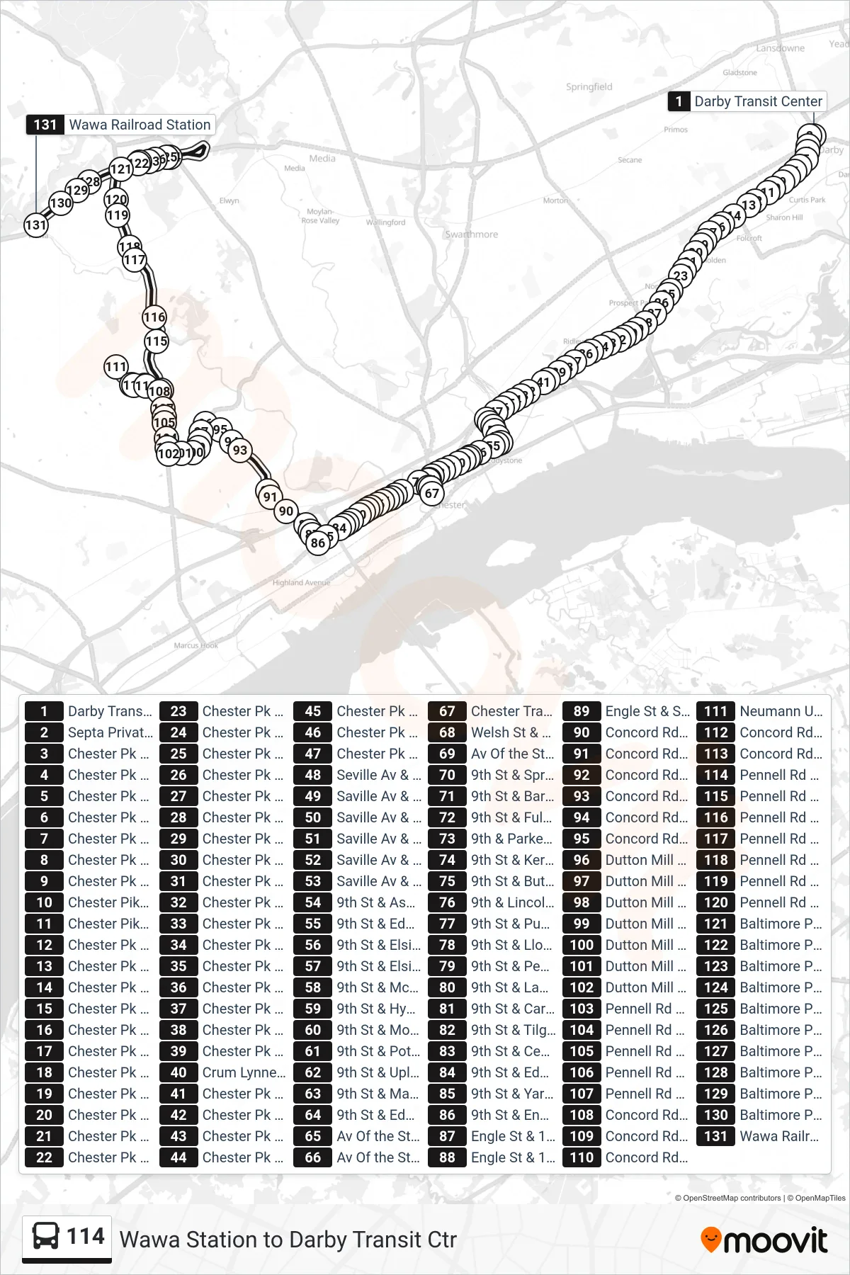 114 bus Line (Wawa Station) route and stops on a map