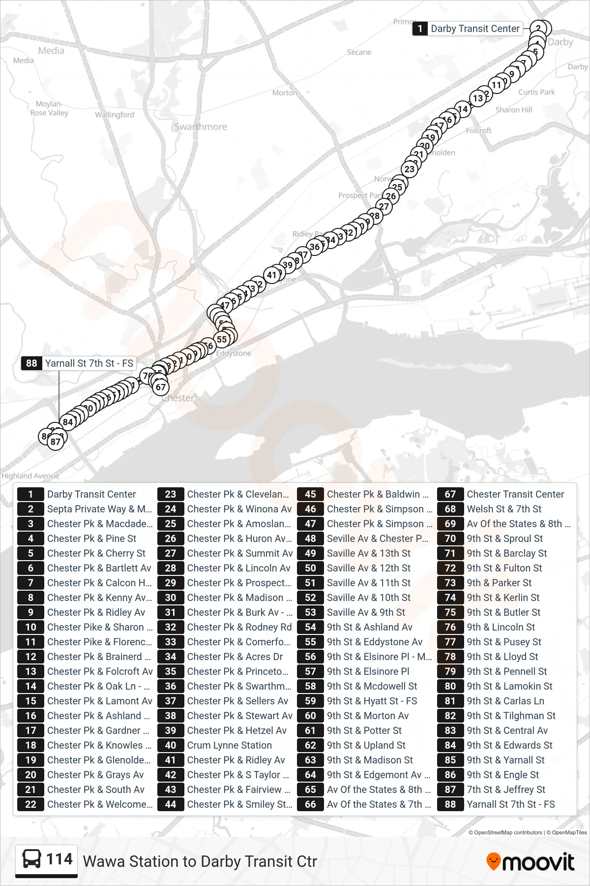 114 bus Line (7th-Yarnall) route and stops on a map
