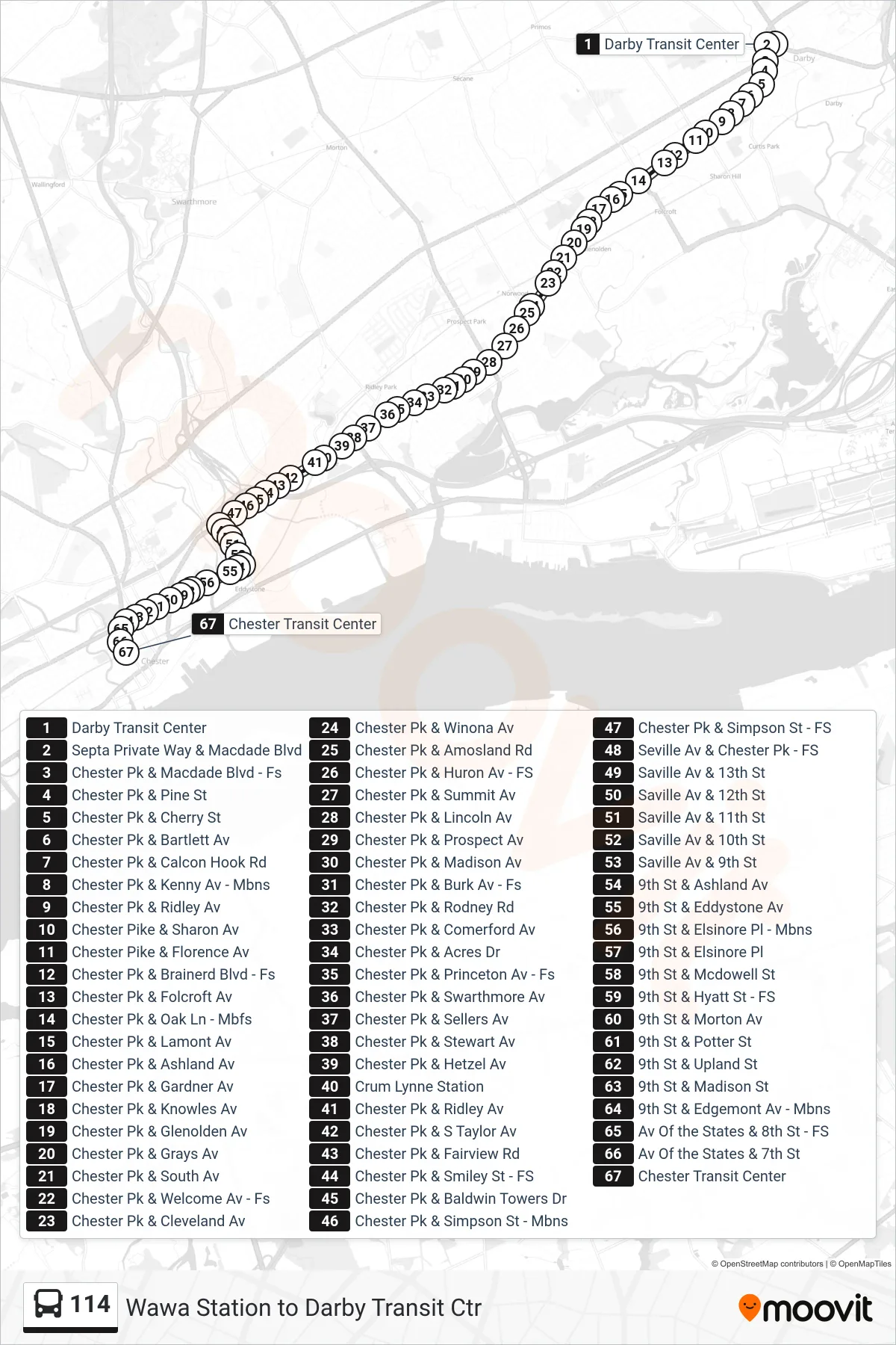 114 bus Line (Chester Transit Center) route and stops on a map