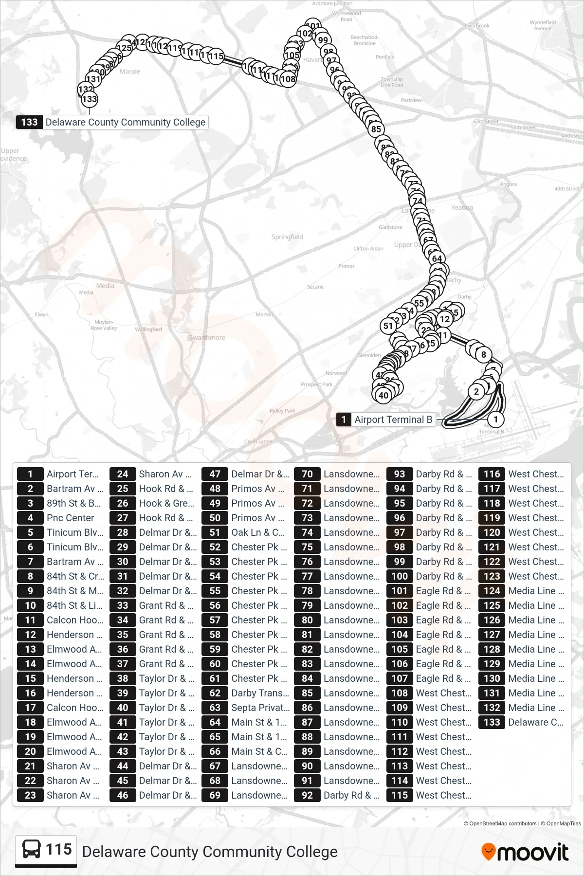 115 bus Line (Delaware County Community College) route and stops on a map