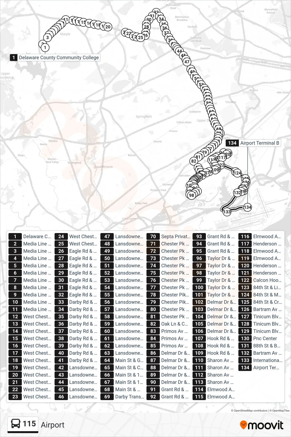 115 bus Line (Airport) route and stops on a map