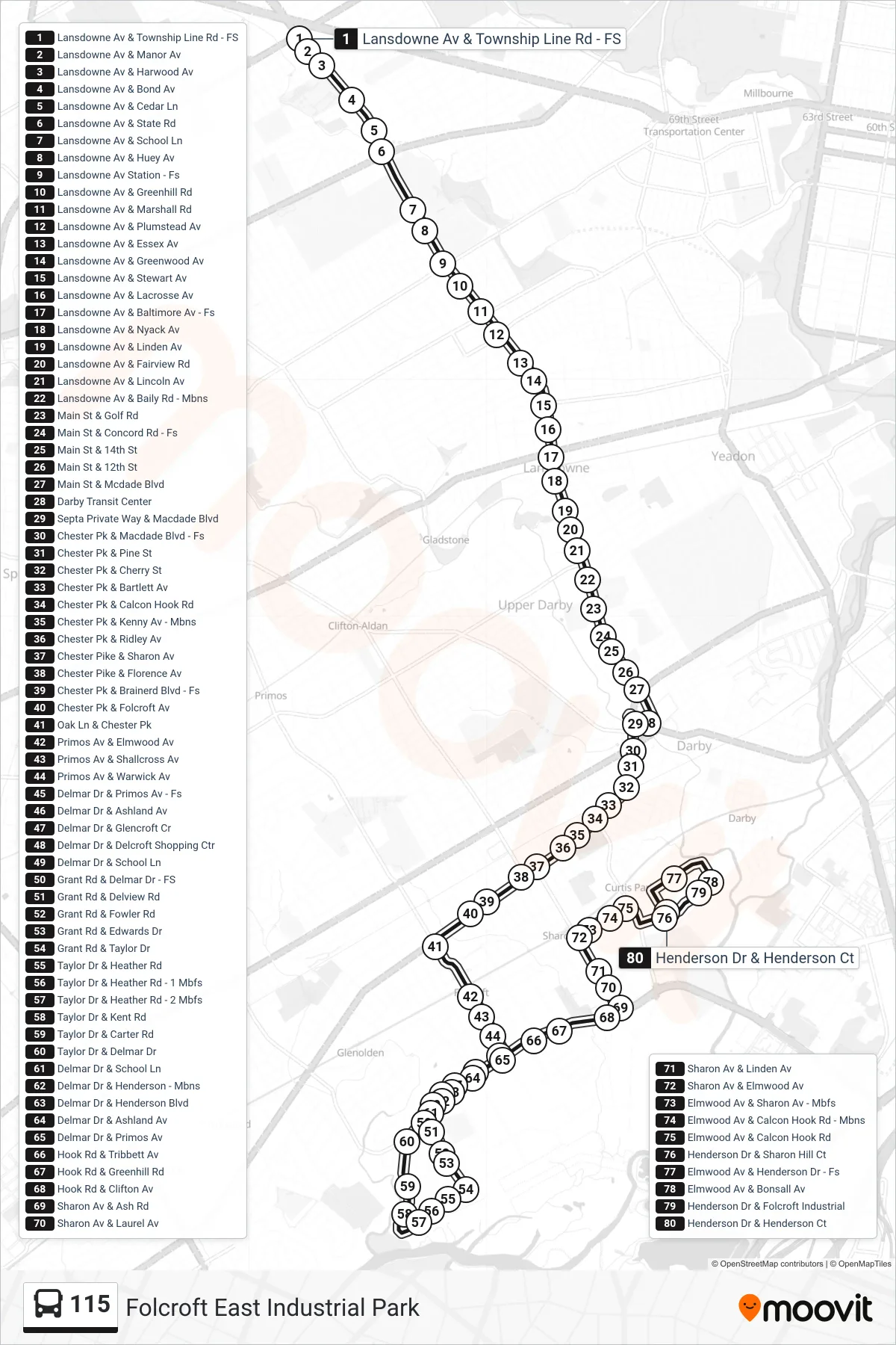 115 bus Line (Folcroft East Industrial Park) route and stops on a map