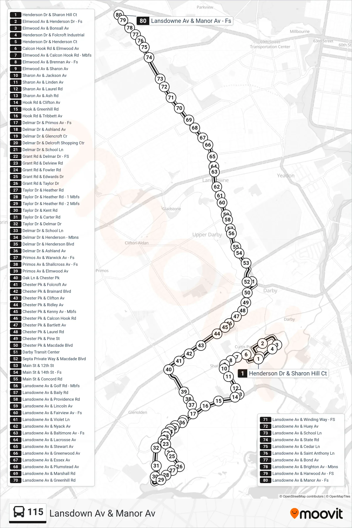 115 bus Line (Lansdown Av & Manor Av) route and stops on a map