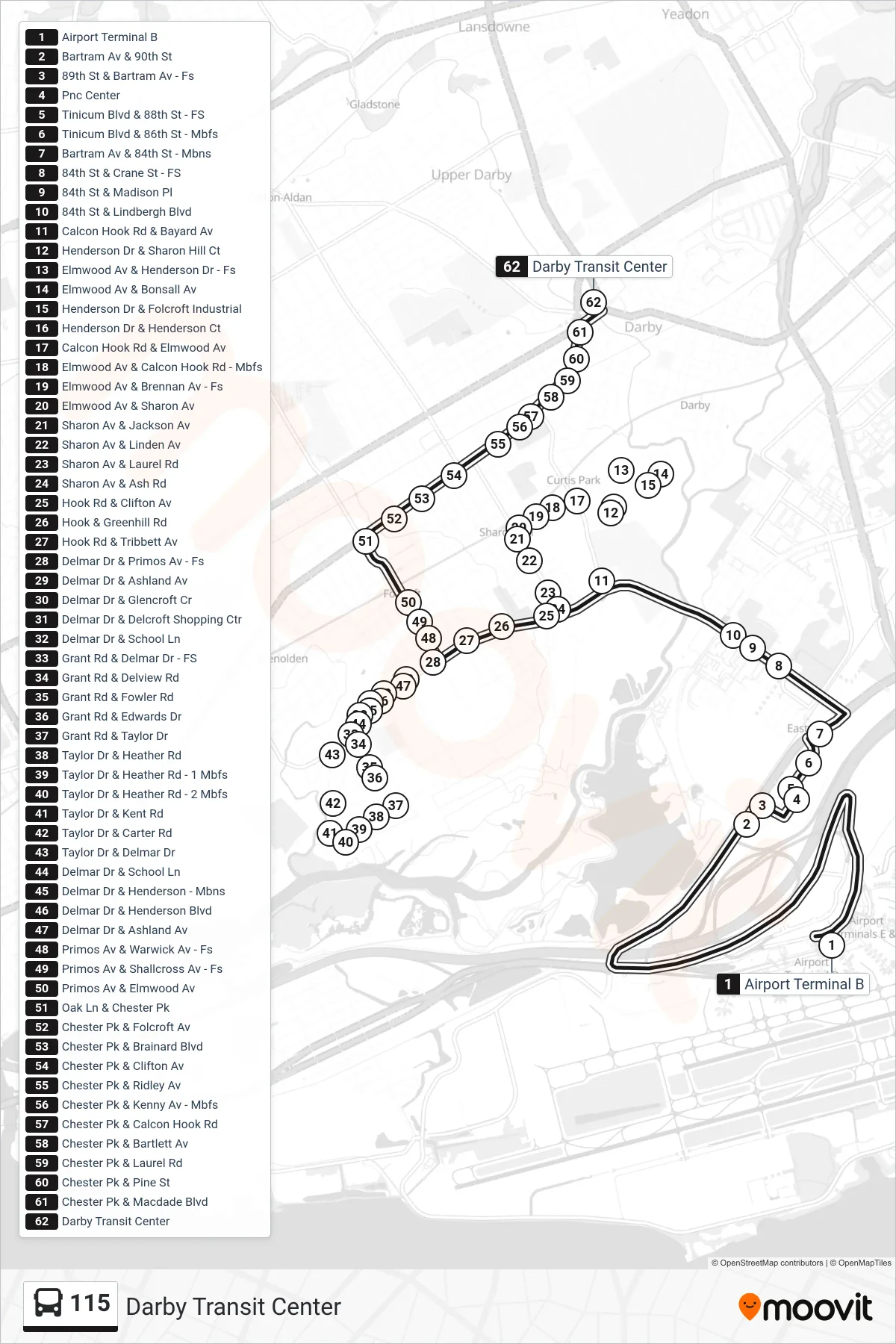 115 bus Line (Darby Transit Center) route and stops on a map