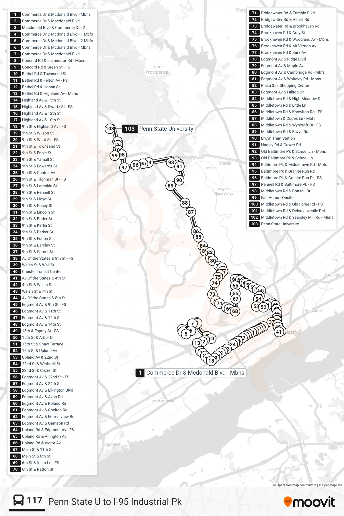 117 bus Line (Penn State) route and stops on a map