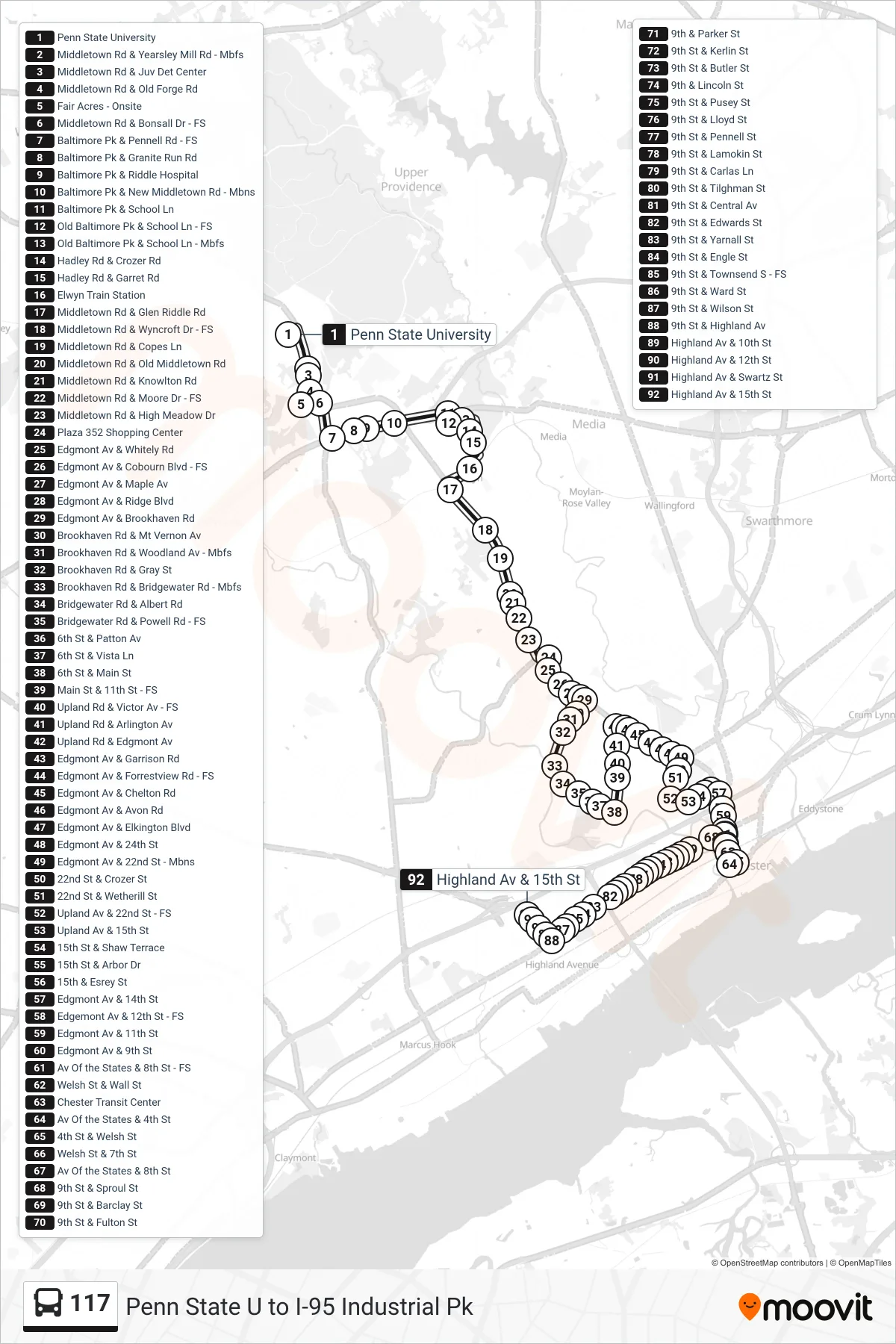 117 bus Line (15th-Highland) route and stops on a map