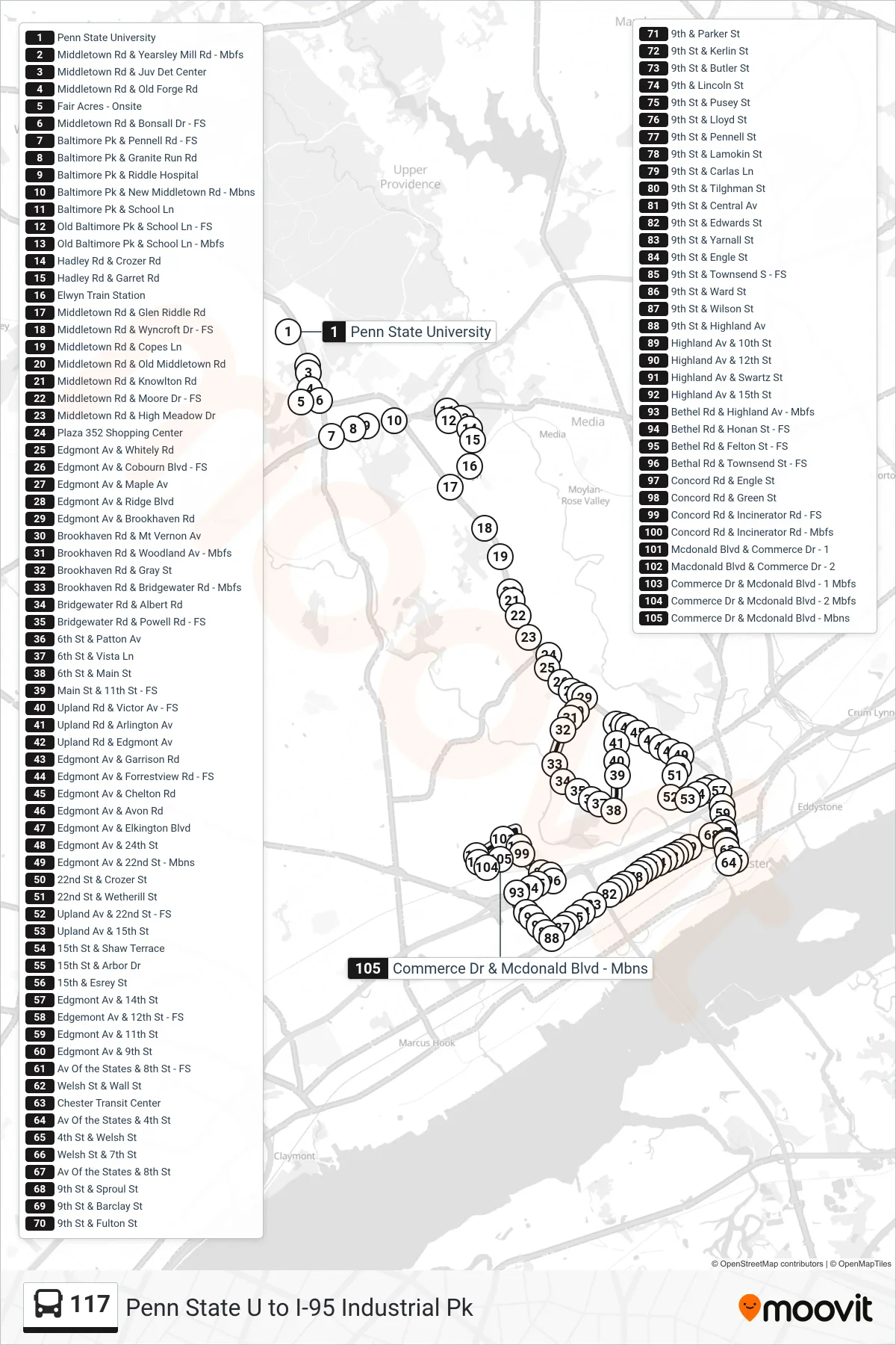 117 bus Line (I-95 Industrial Park) route and stops on a map