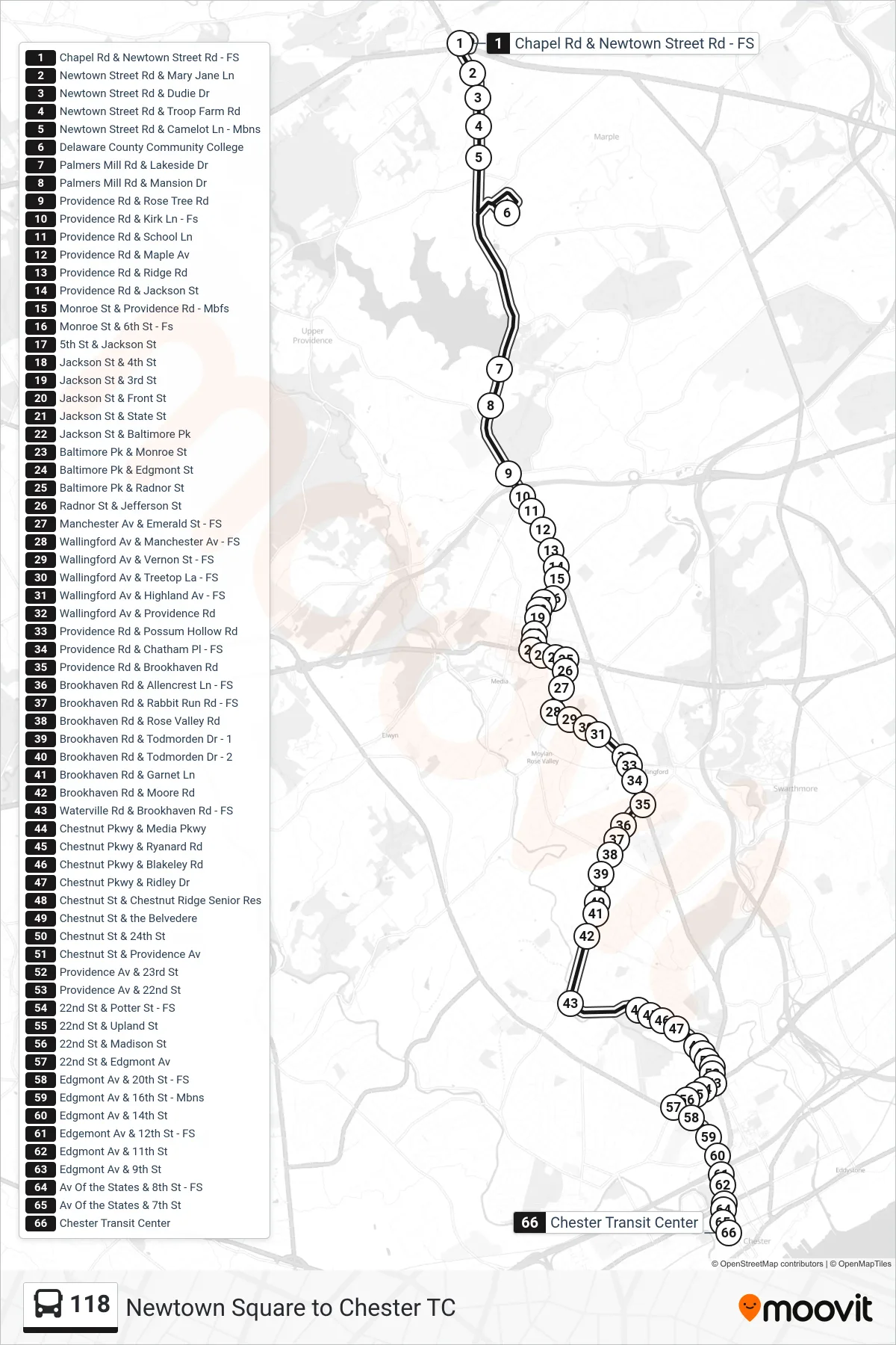 118 bus Line (Chester Transit Center) route and stops on a map