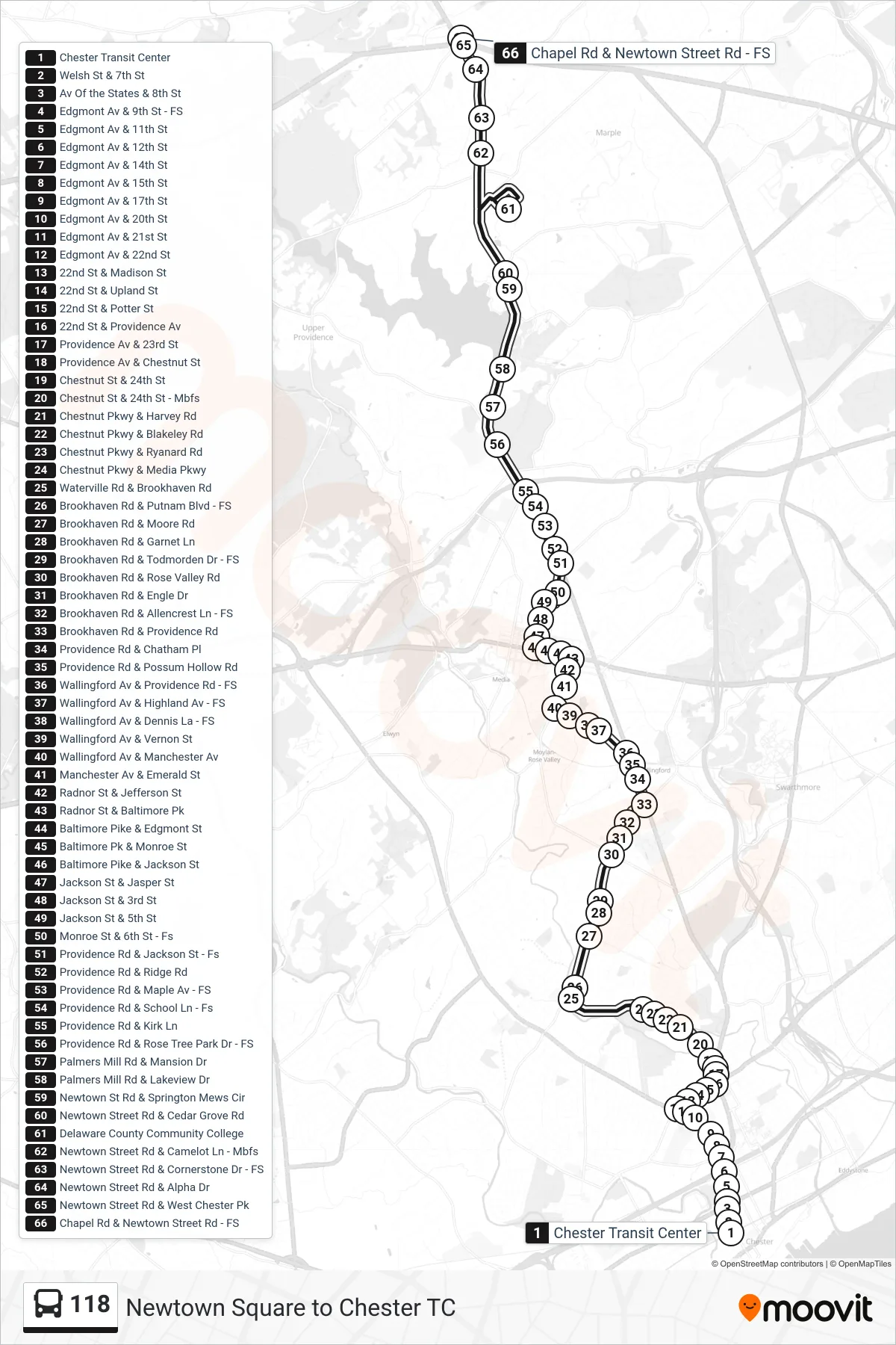 118 bus Line (Newtown Square) route and stops on a map