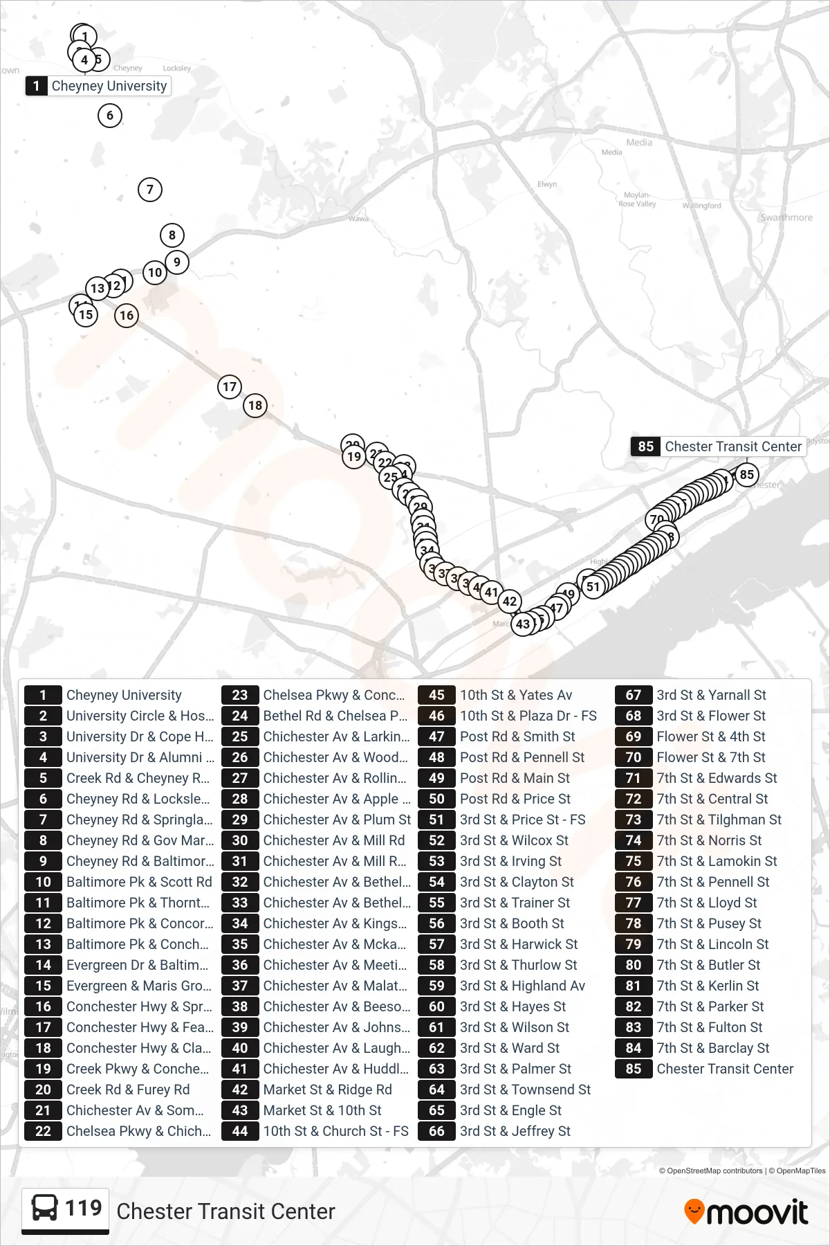 119 bus Line (Chester Transit Center) route and stops on a map