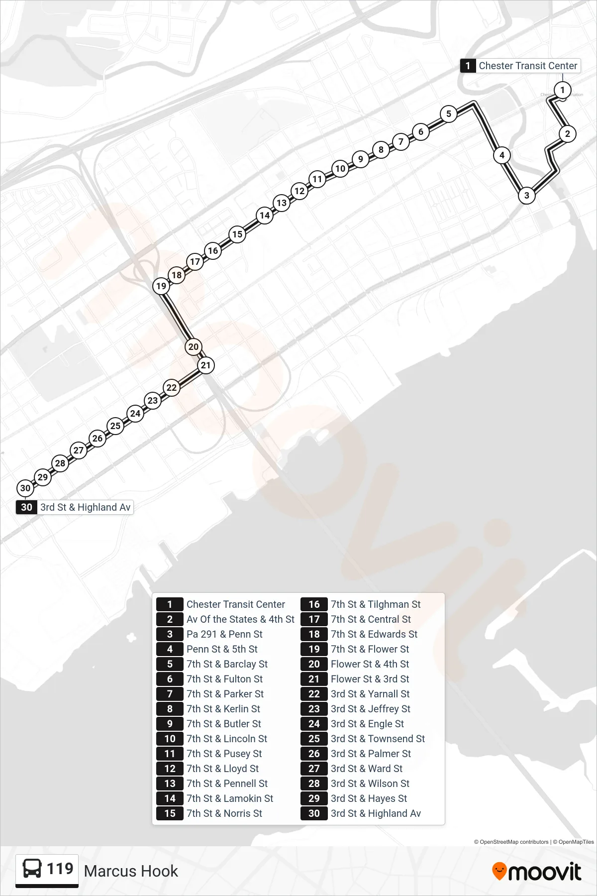119 bus Line (Marcus Hook) route and stops on a map