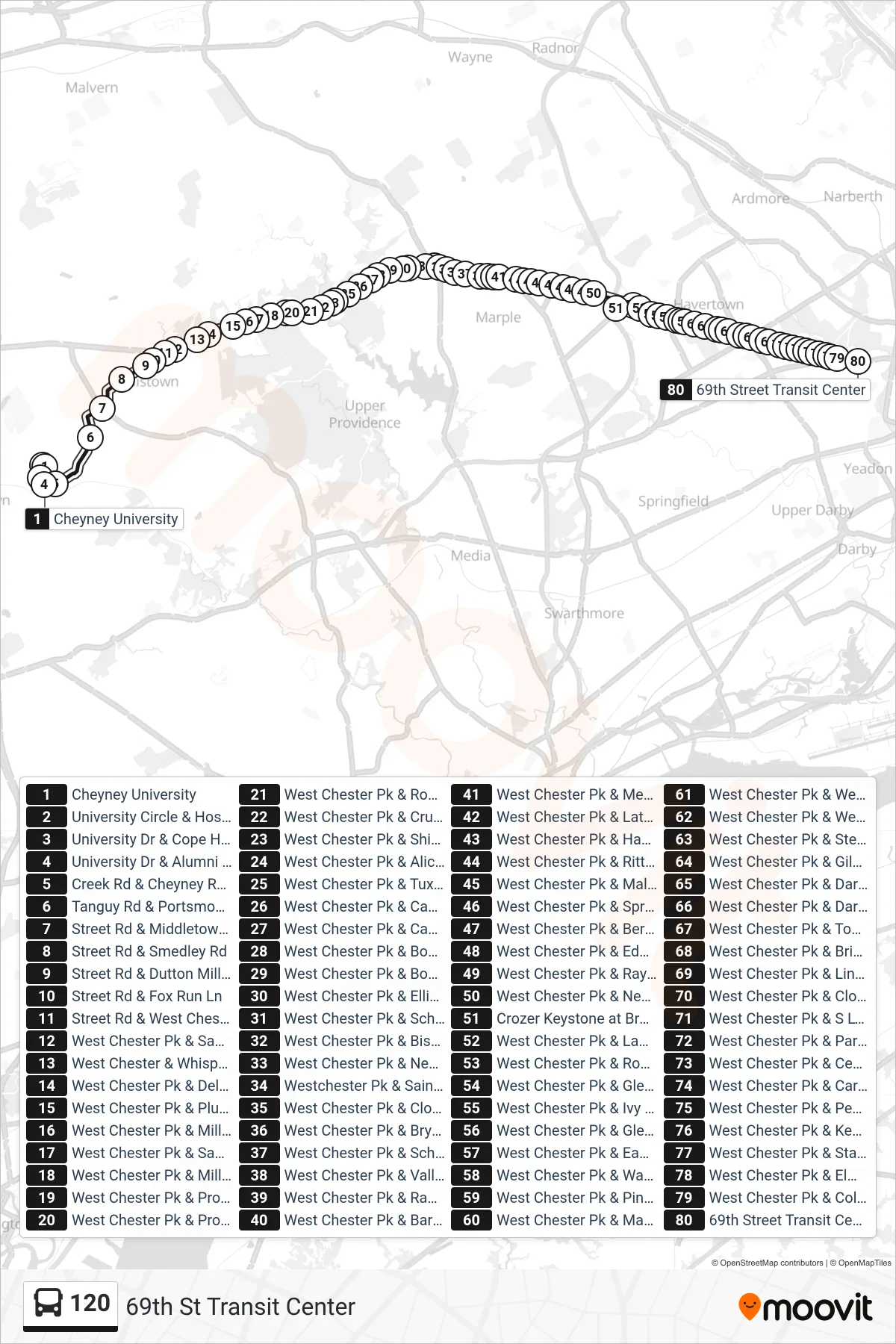 120 bus Line (69th St Transit Center) route and stops on a map