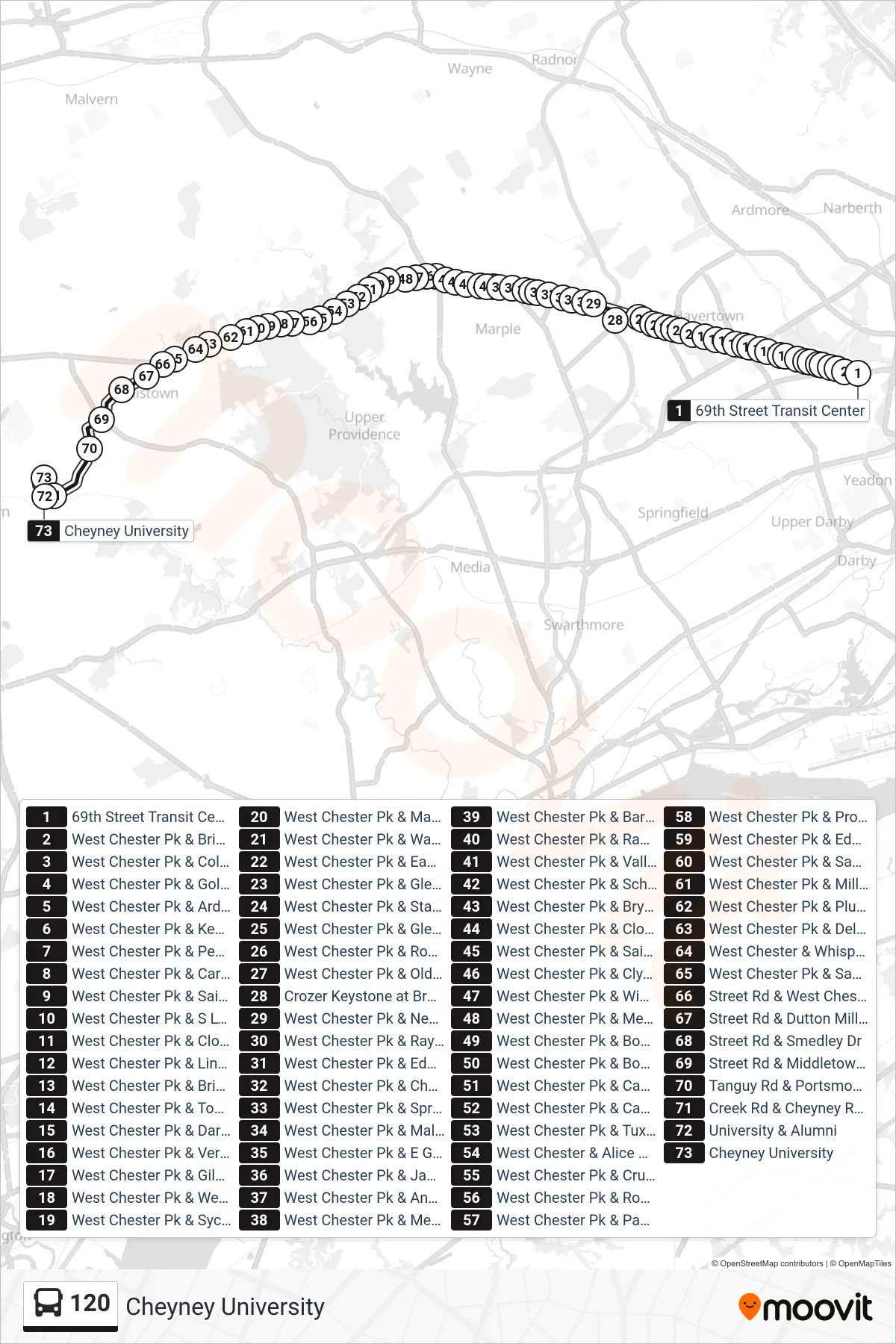 120 bus Line (Cheyney University) route and stops on a map