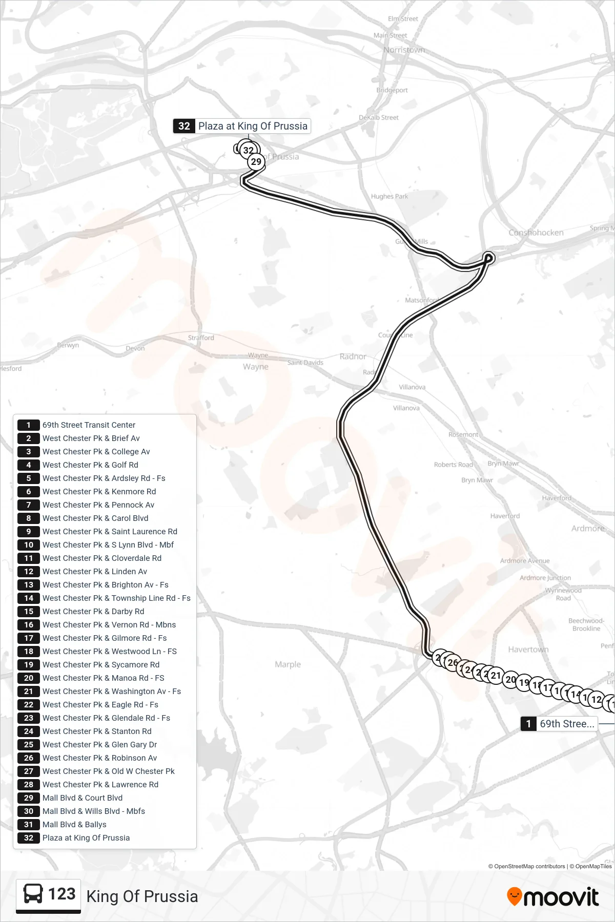 123 bus Line (King Of Prussia) route and stops on a map