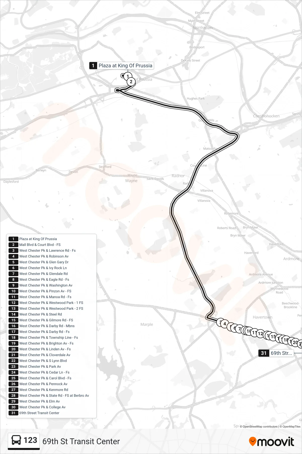 123 bus Line (69th St Transit Center) route and stops on a map