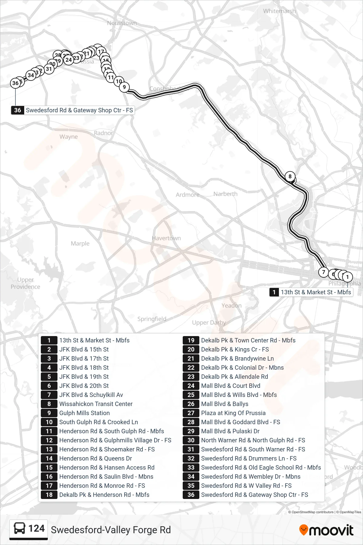 124 bus Line (Swedesford-Valley Forge Rd) route and stops on a map