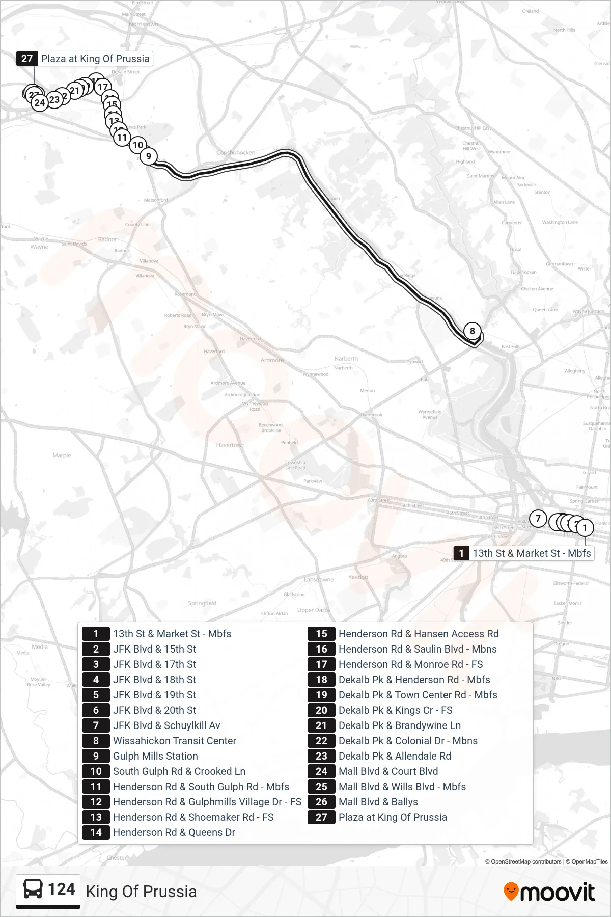 124 bus Line (King Of Prussia) route and stops on a map