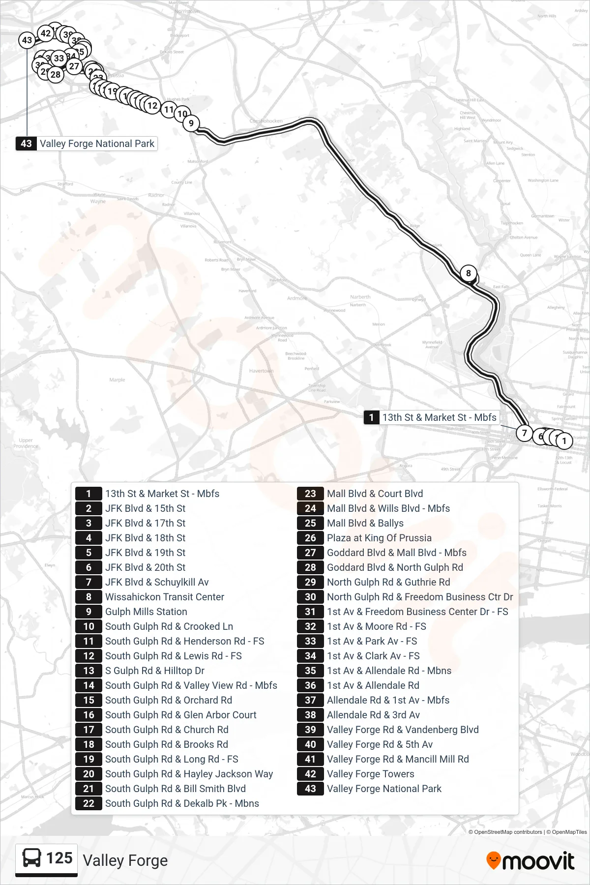 125 bus Line (Valley Forge) route and stops on a map