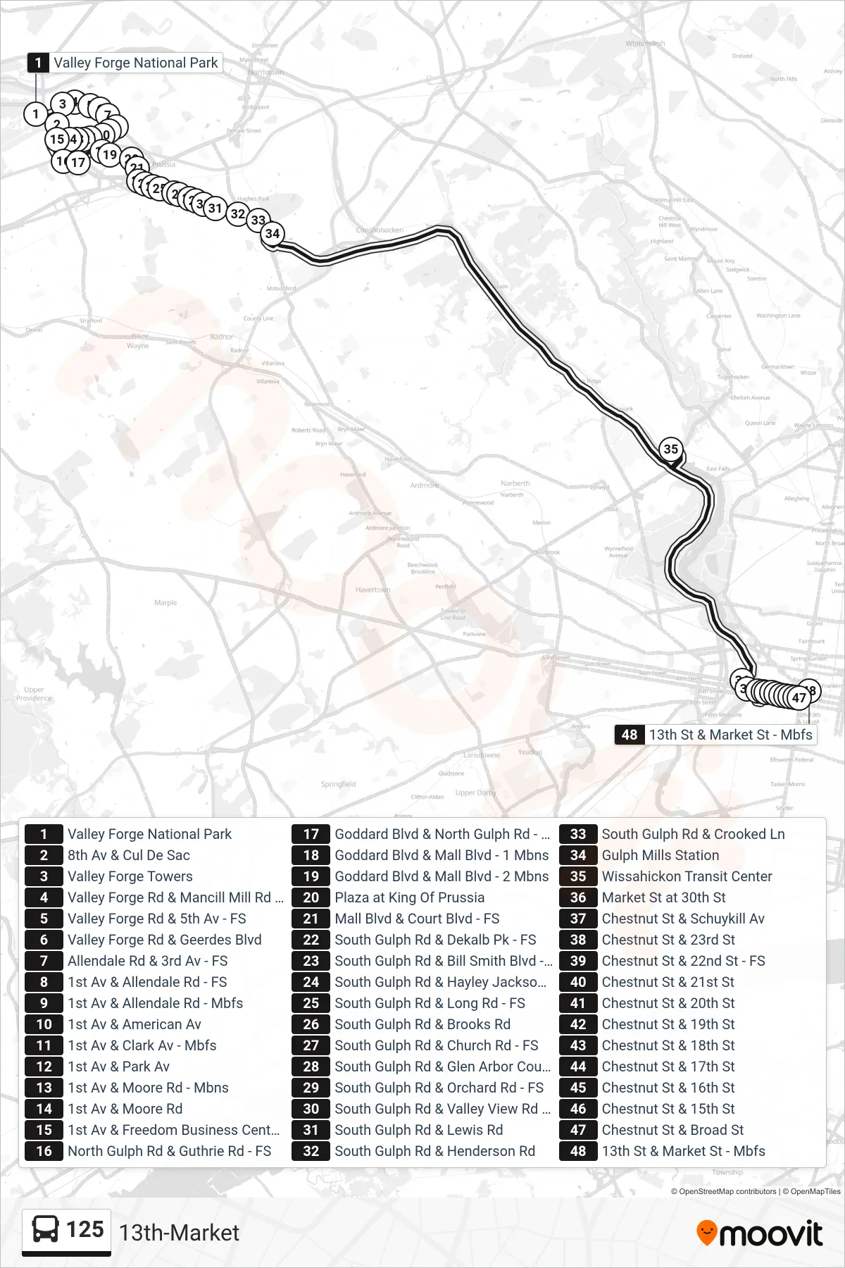 125 bus Line (13th-Market) route and stops on a map