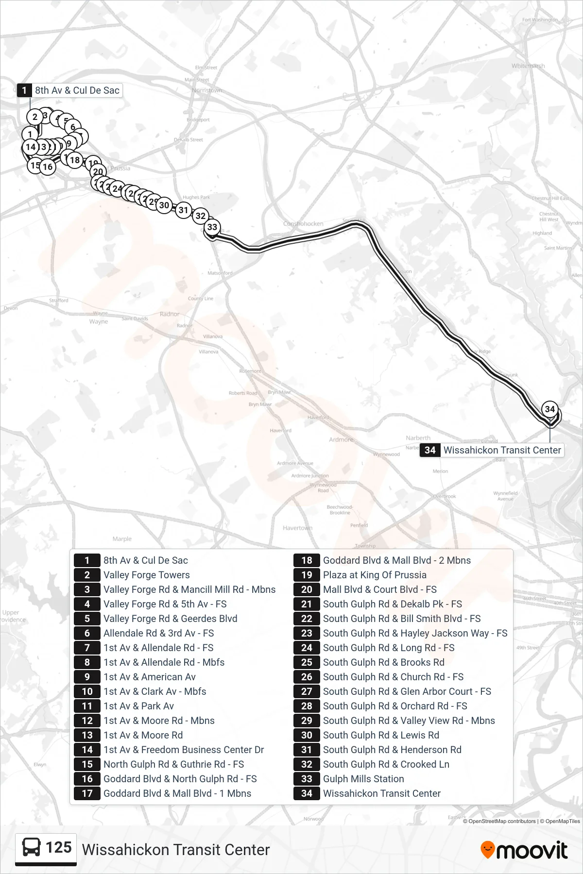 125 bus Line (Wissahickon Transit Center) route and stops on a map