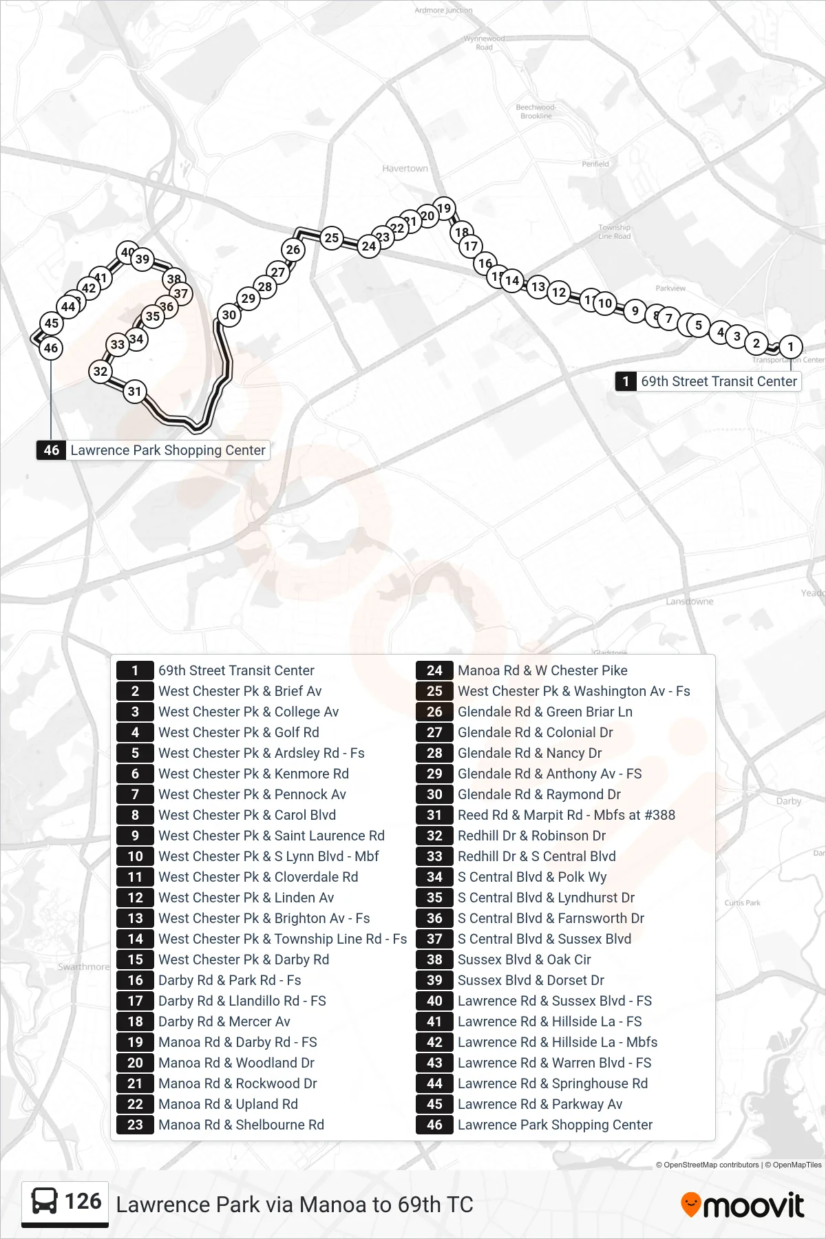 126 bus Line (Lawrence Park Via Sussex Blvd) route and stops on a map