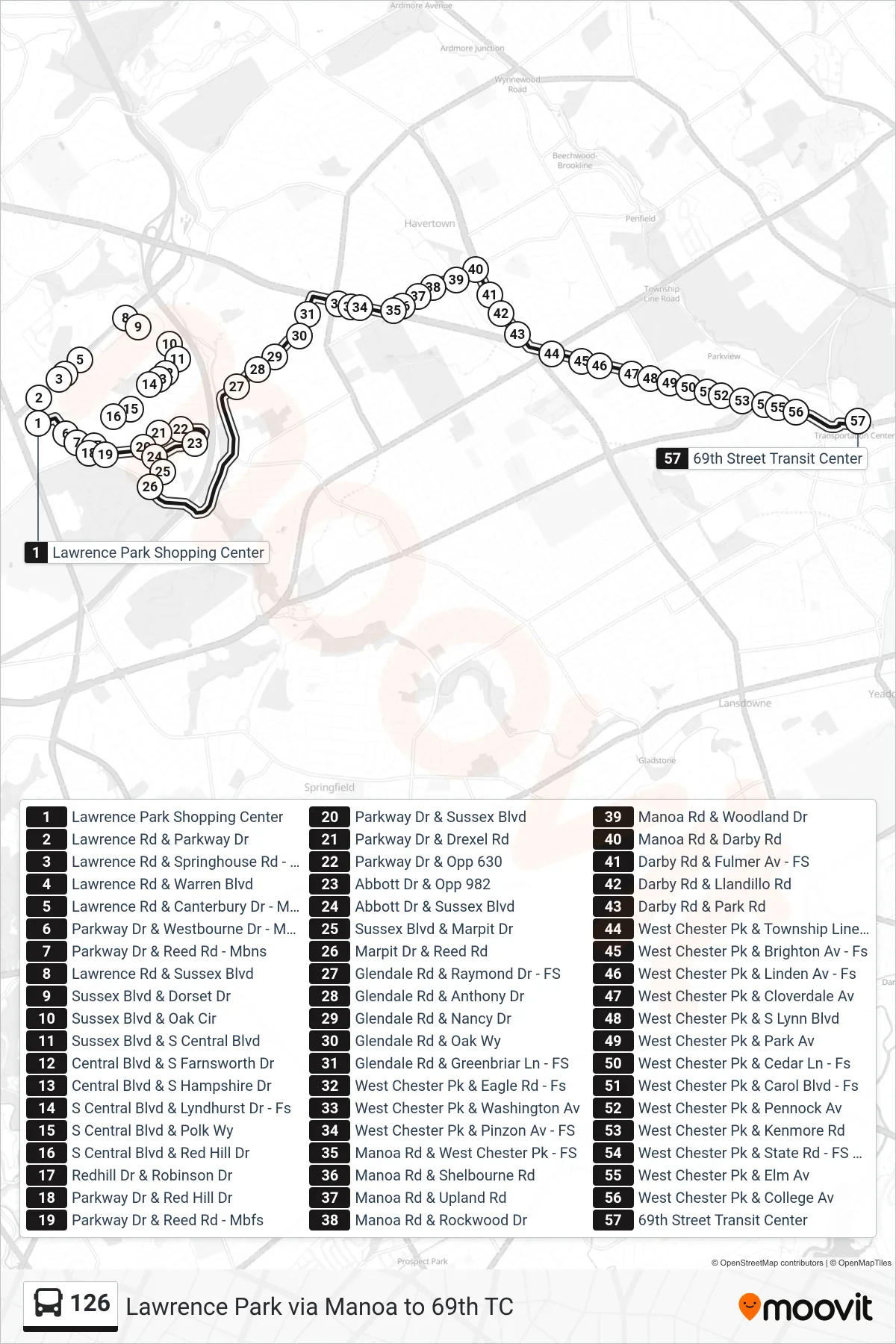 126 bus Line (69th St Transit Center) route and stops on a map