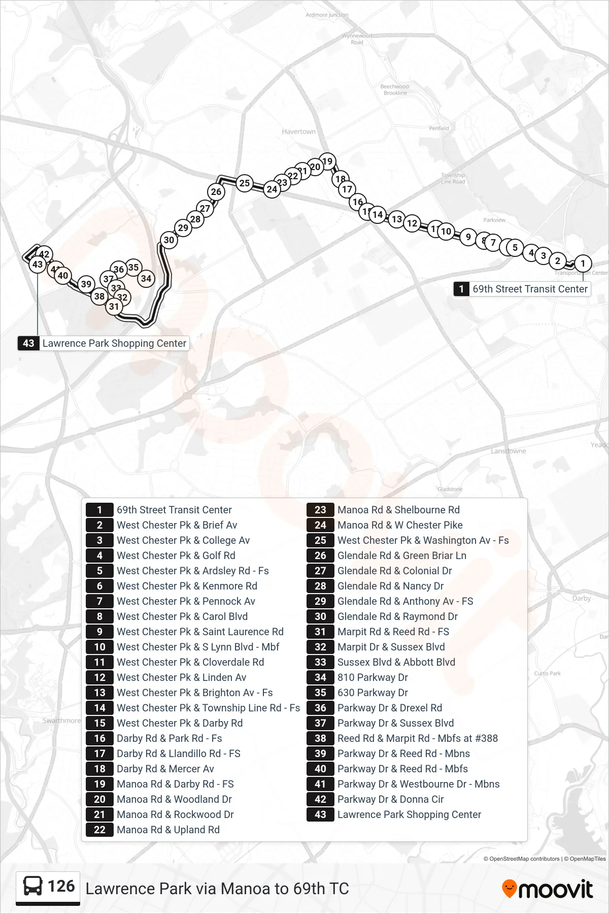 126 bus Line (Lawrence Park) route and stops on a map