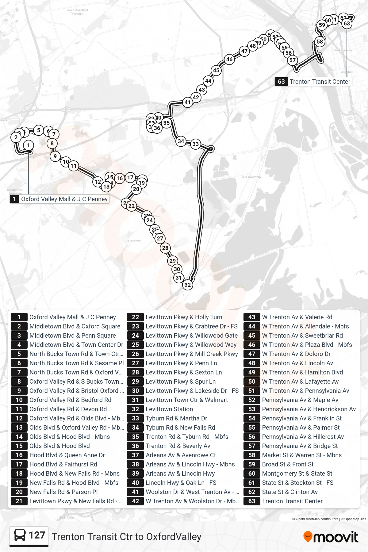 127 bus Line (Trenton Transit Center) route and stops on a map