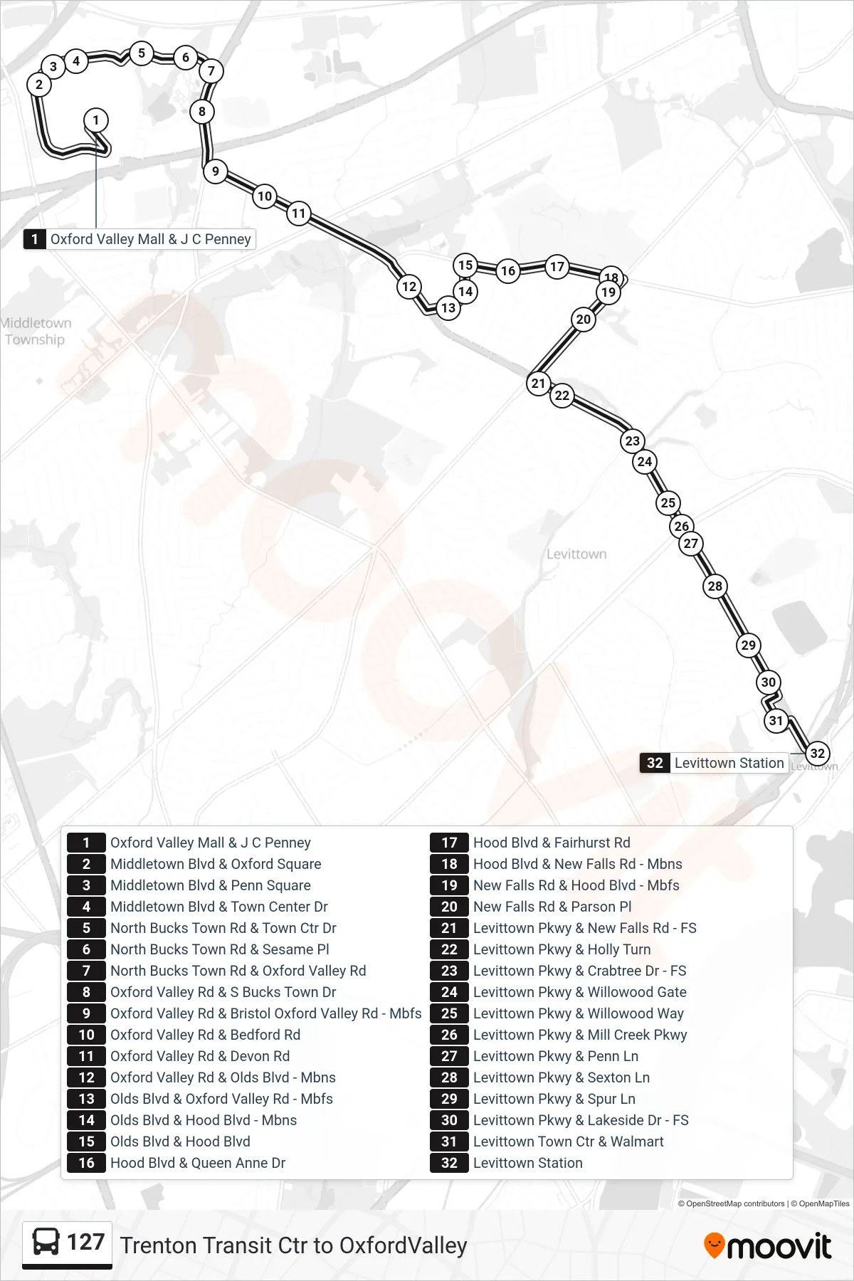 127 bus Line (Levittown Station) route and stops on a map