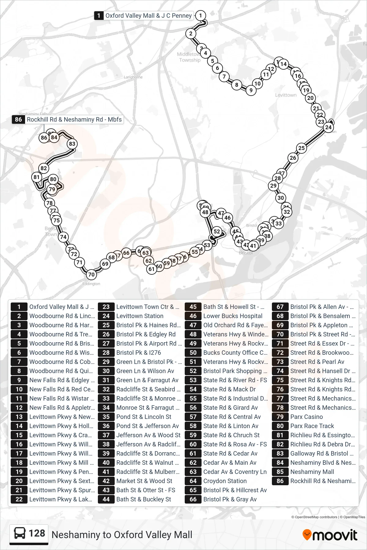 128 bus Line (Neshaminy Mall) route and stops on a map