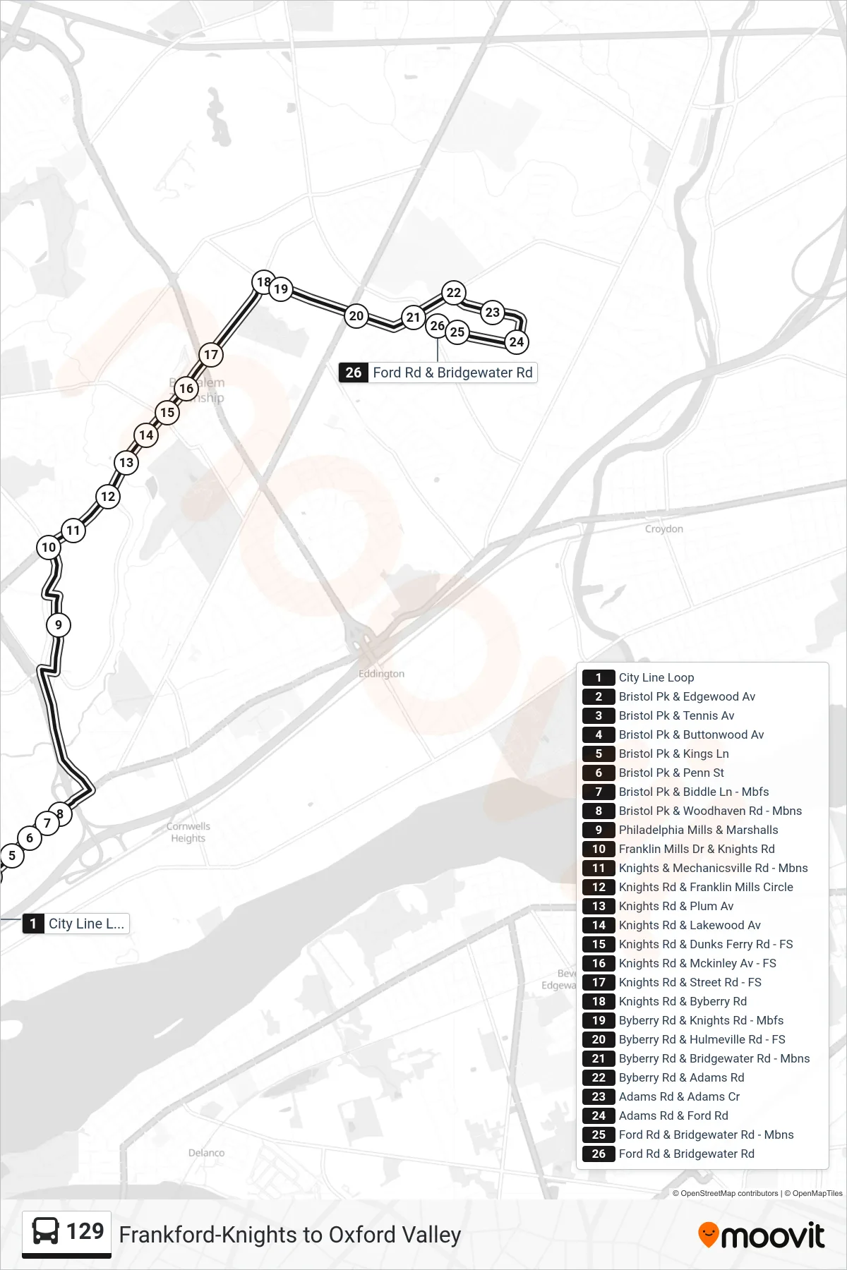 129 bus Line (Bridgewater Industrial Park) route and stops on a map