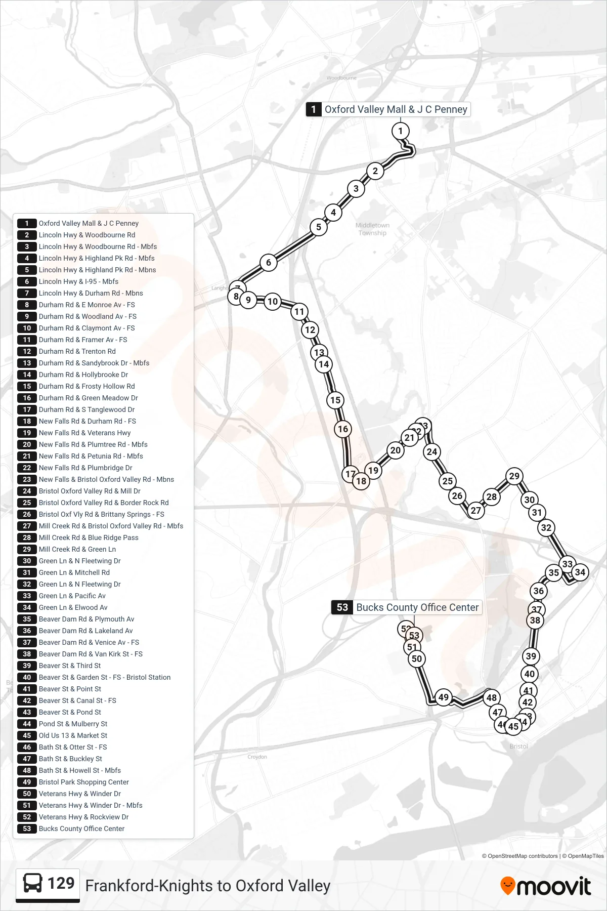 129 bus Line (Bucks County Office Center) route and stops on a map