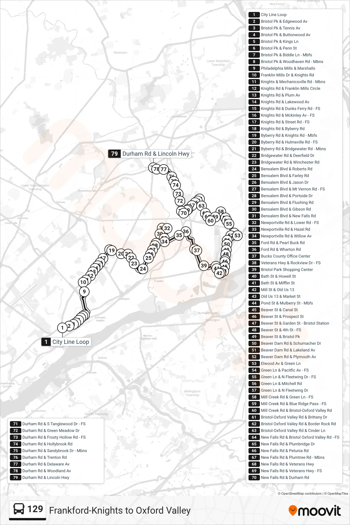 129 bus Line (Penndel) route and stops on a map