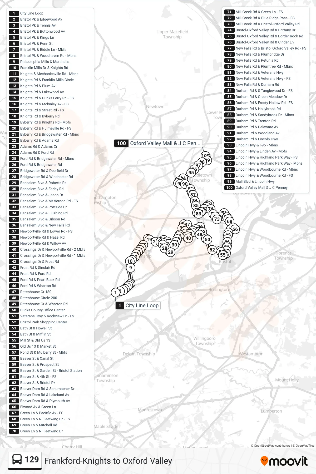 129 bus Line (Oxford Valley Mall) route and stops on a map