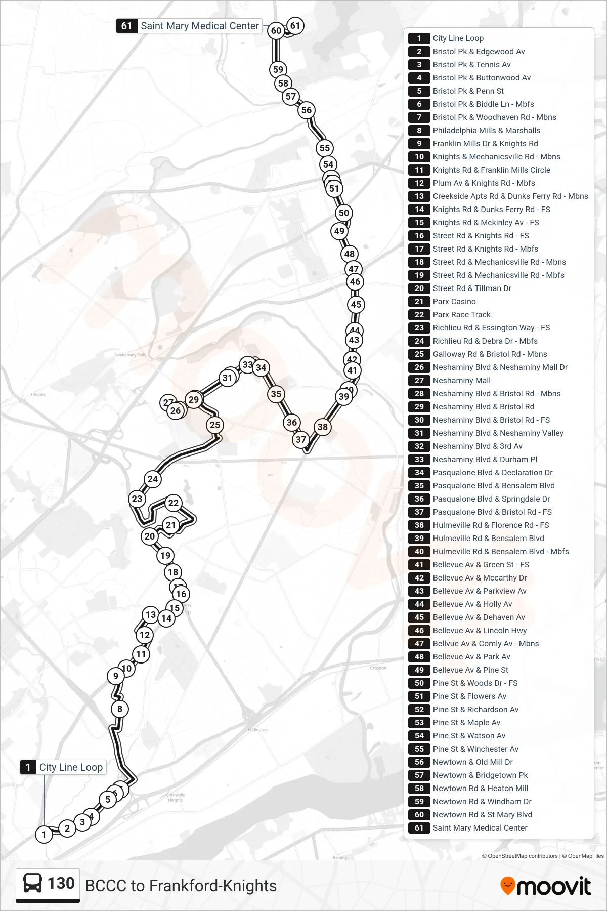 130 bus Line (St Mary Hospital) route and stops on a map