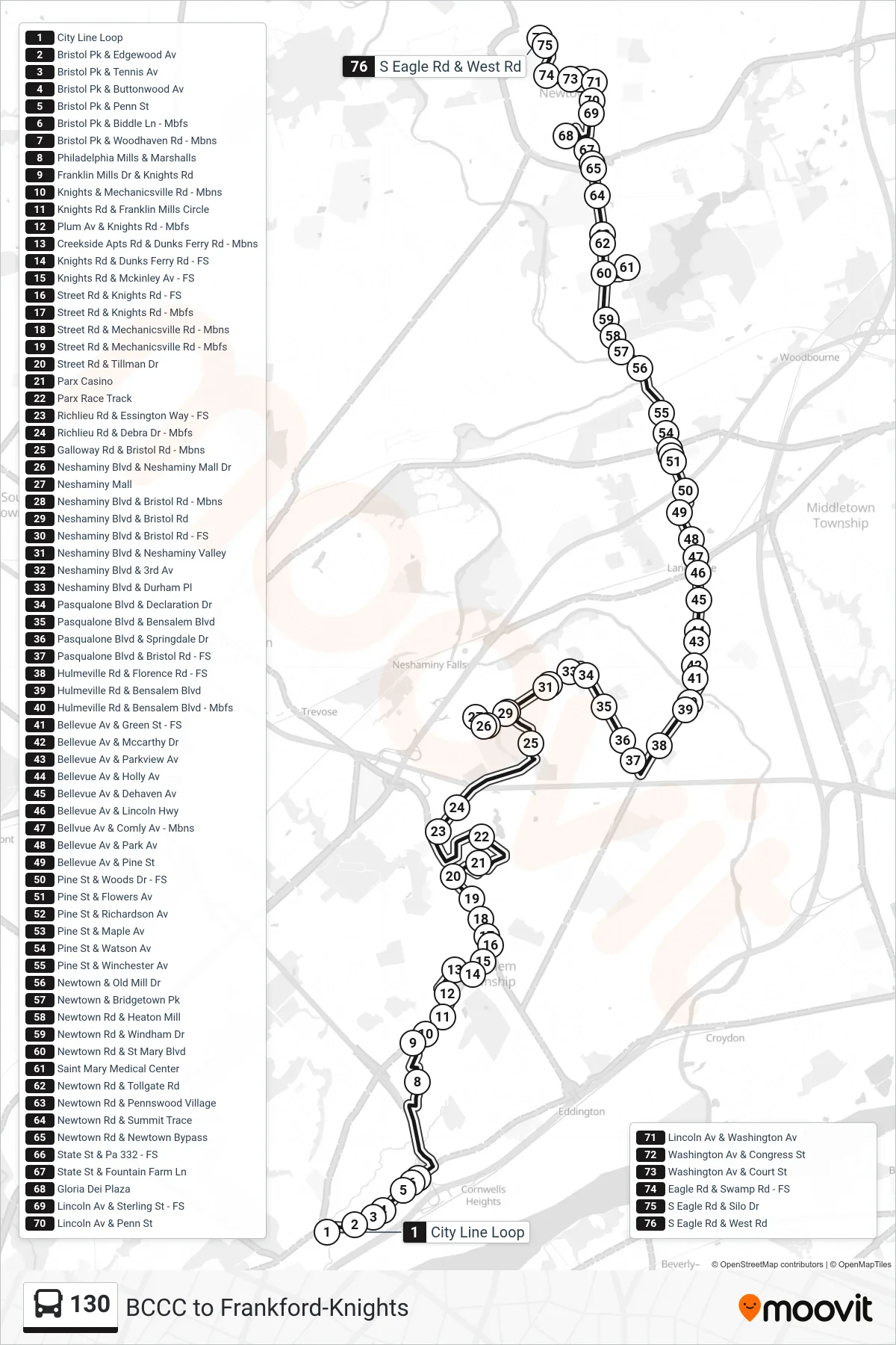 130 bus Line (Newtown) route and stops on a map