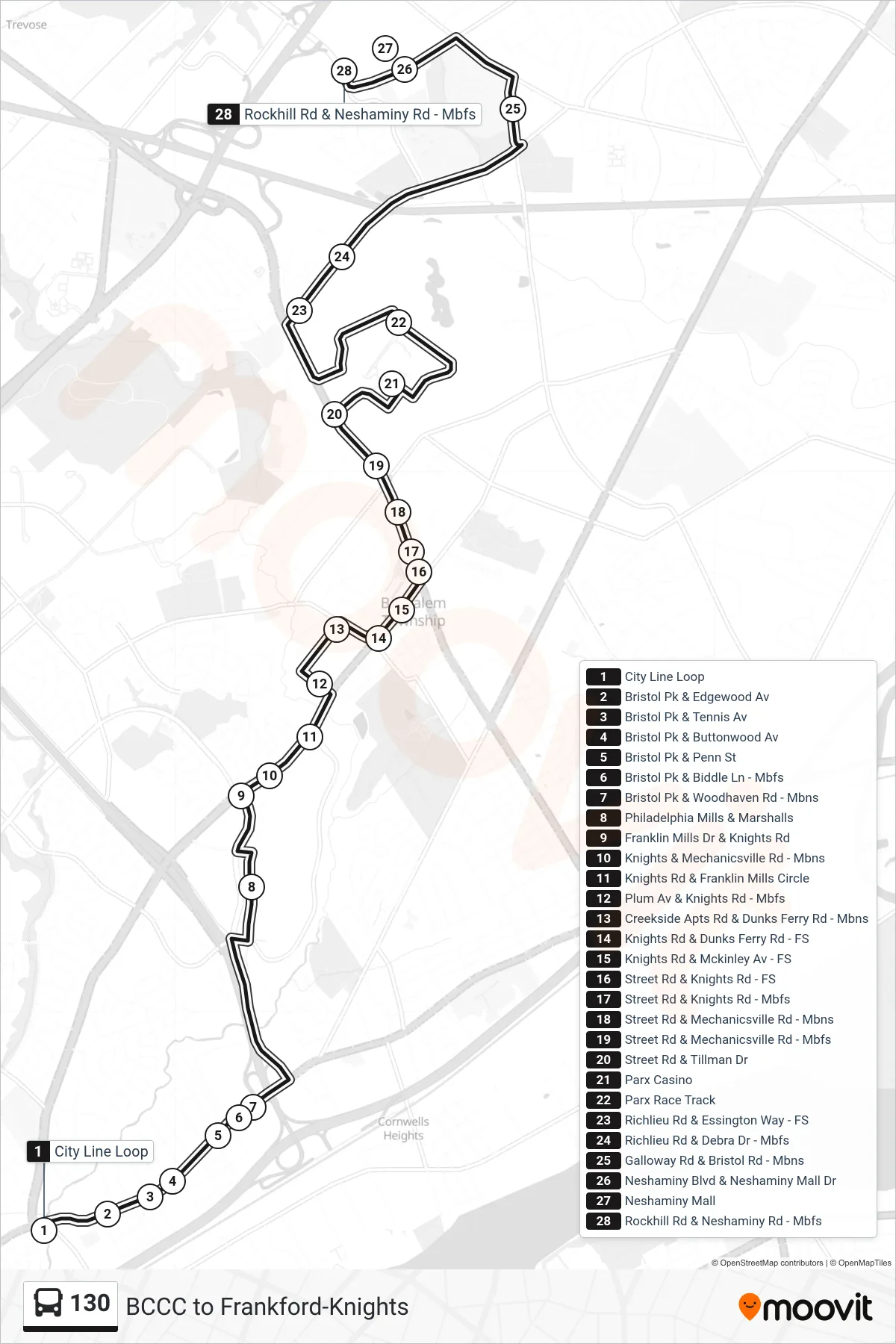 130 bus Line (Neshaminy Mall) route and stops on a map