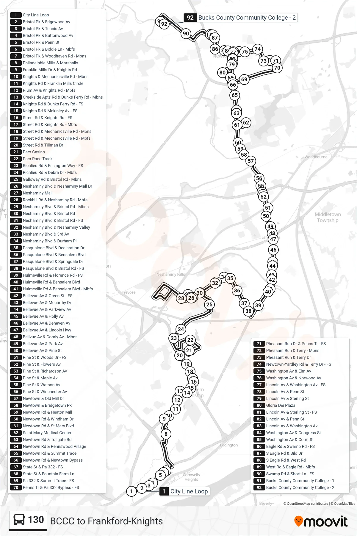 130 bus Line (Bucks County Community College) route and stops on a map