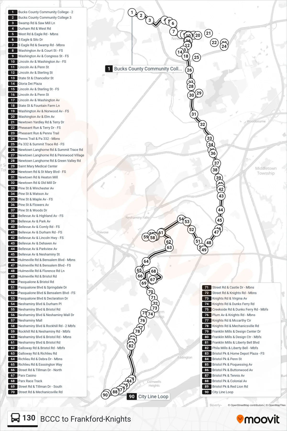 130 bus Line (Frankford-Knights) route and stops on a map