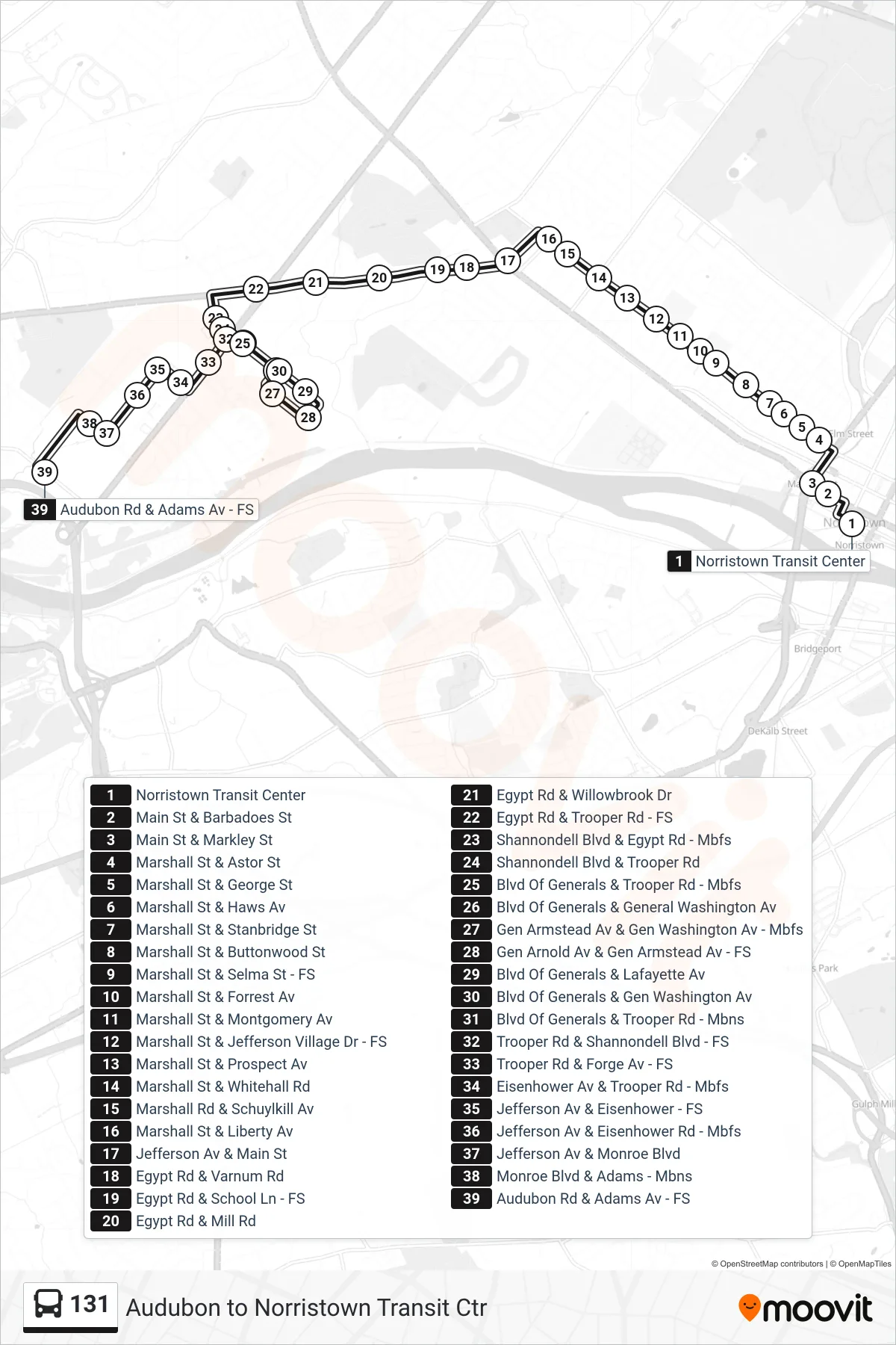 131 bus Line (Audubon) route and stops on a map