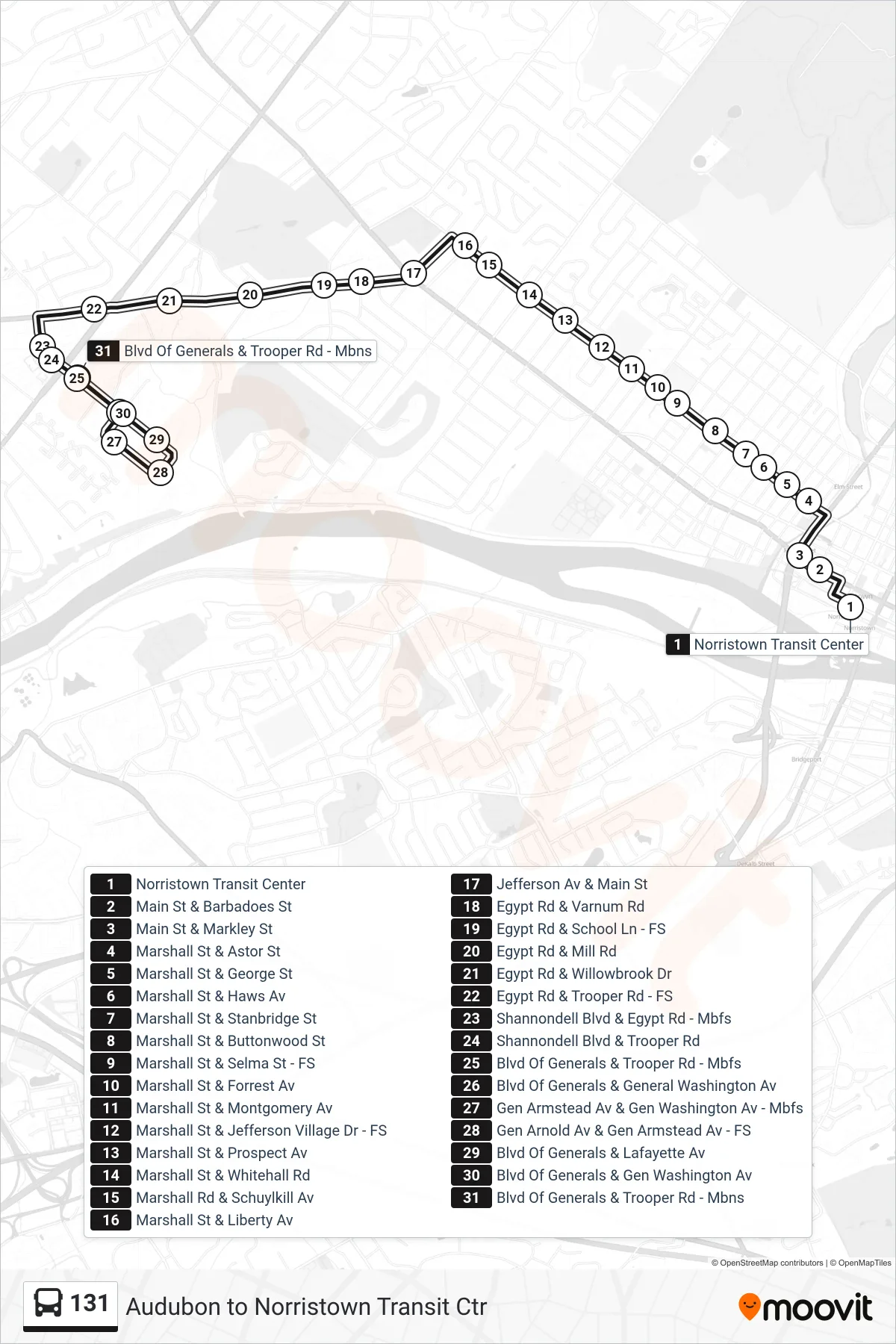131 bus Line (Valley Forge Business Center) route and stops on a map