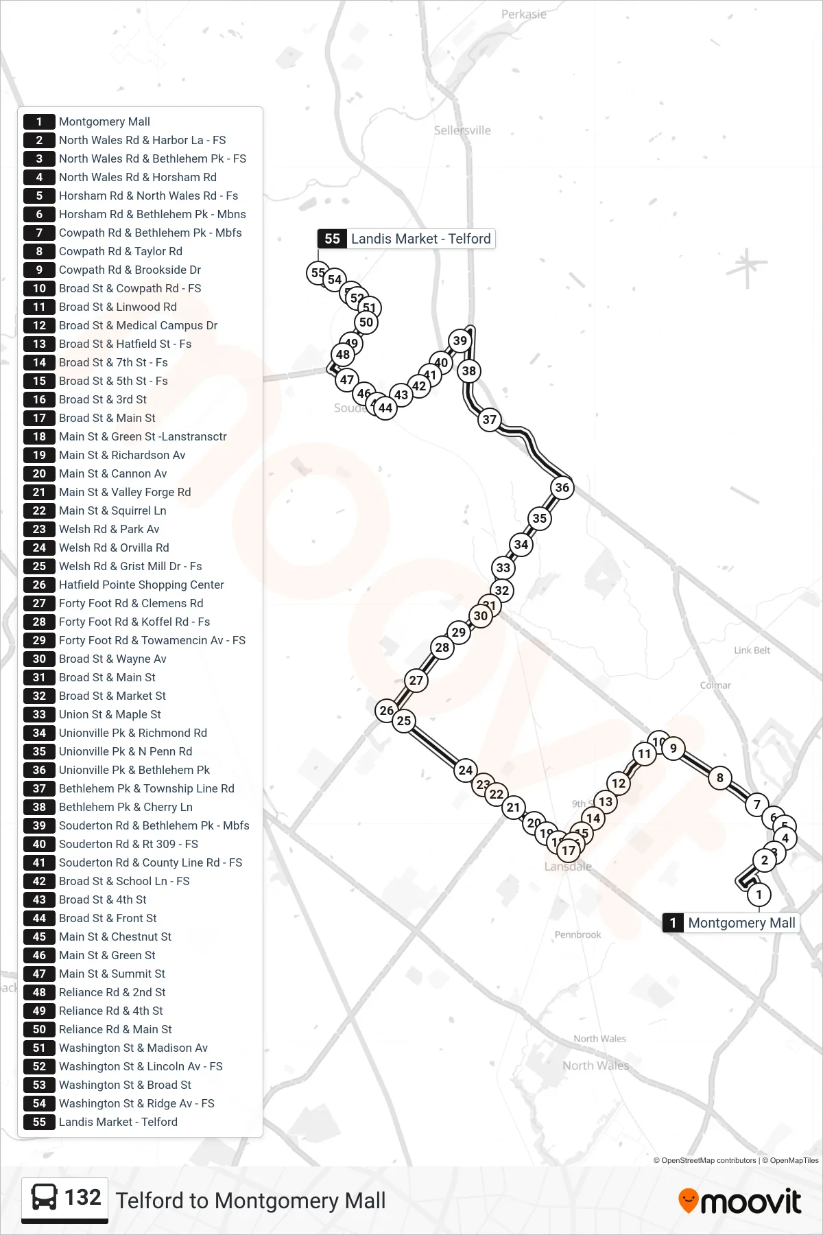 132 bus Line (Telford) route and stops on a map