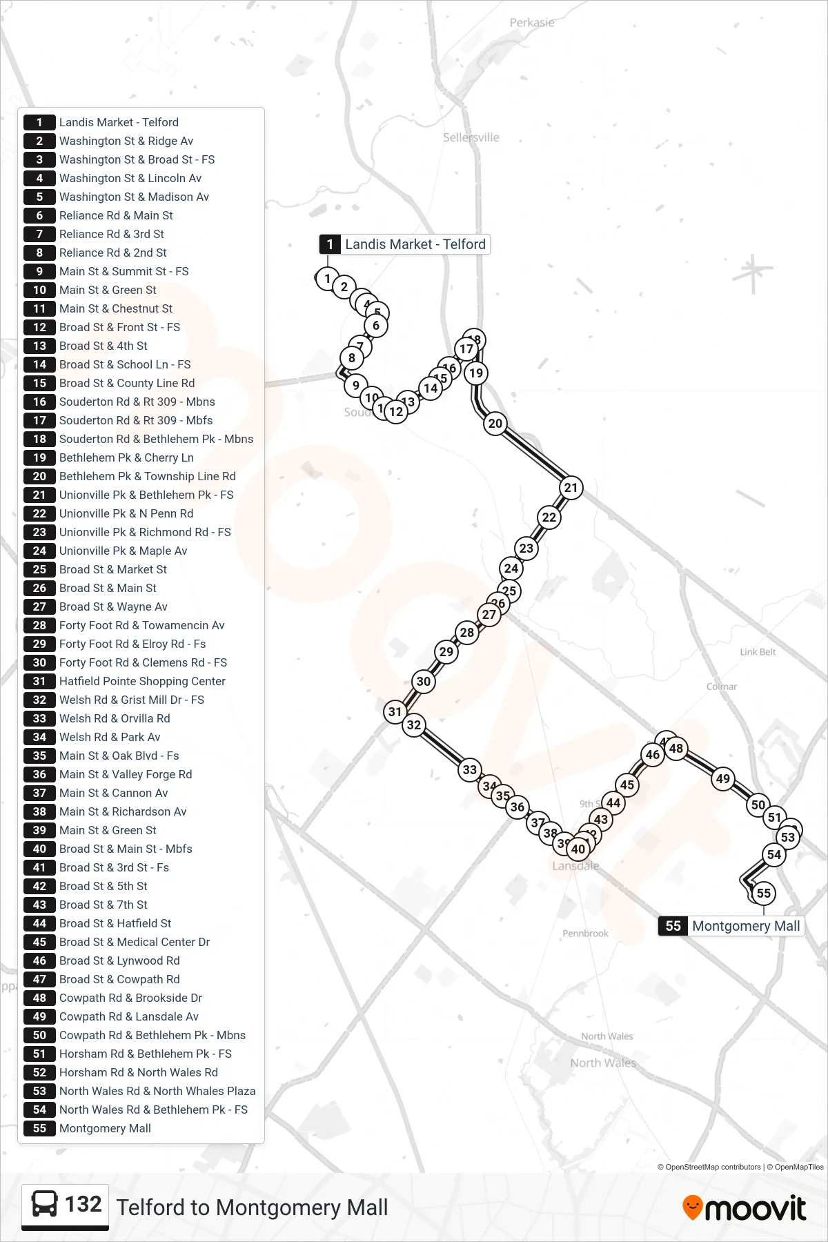 132 bus Line (Montgomery Mall) route and stops on a map