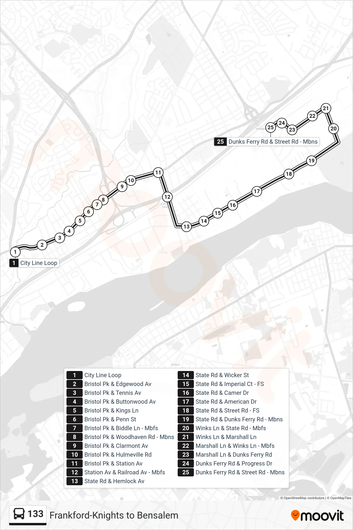 133 bus Line (Bensalem) route and stops on a map