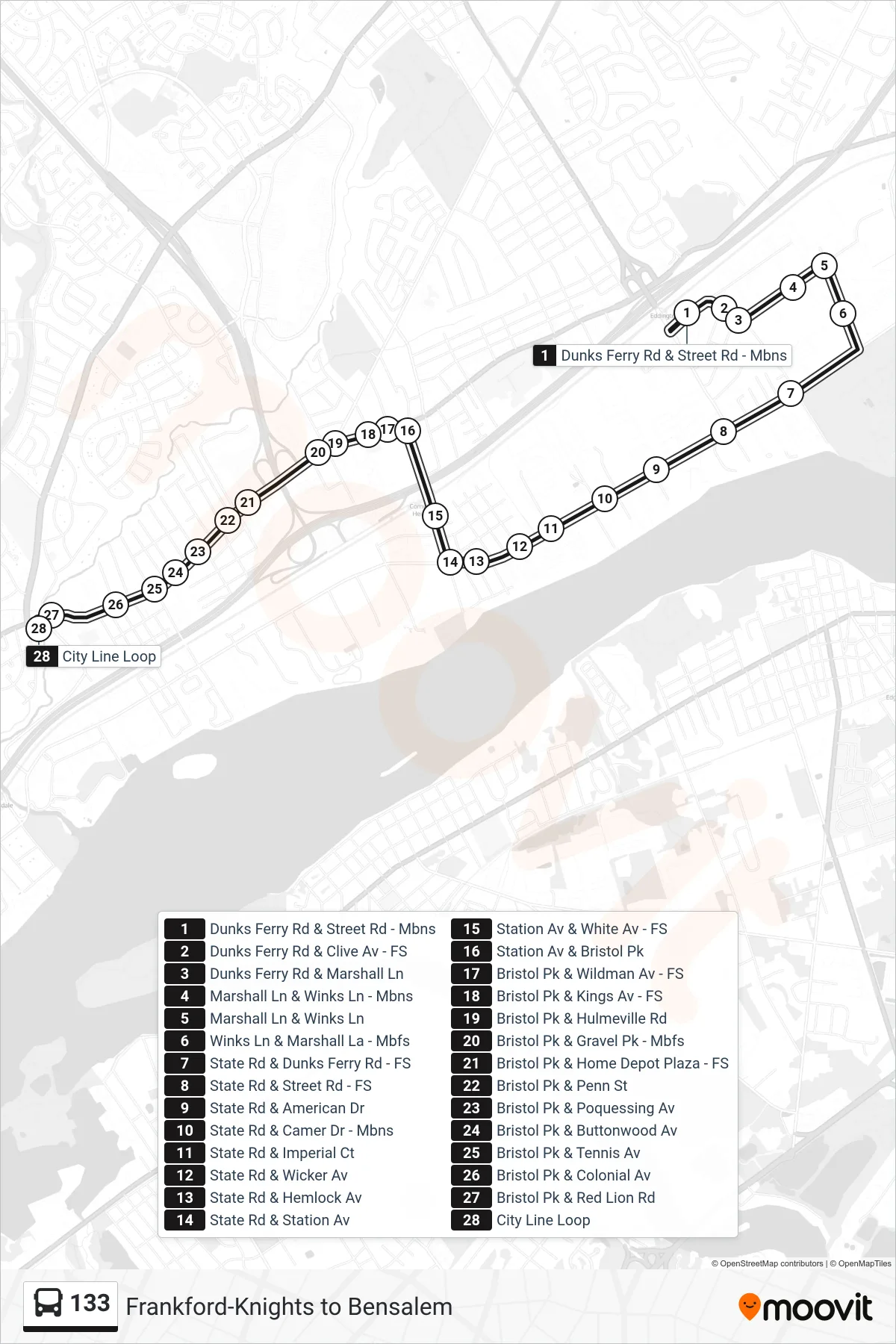 133 bus Line (Frankford-Knights) route and stops on a map