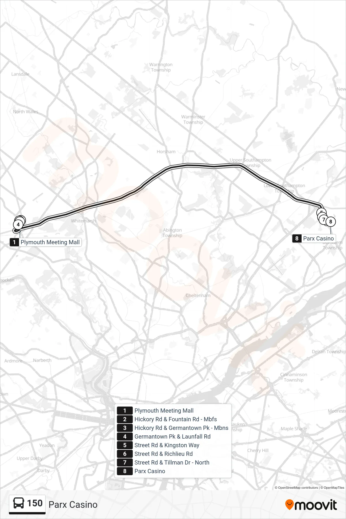 150 bus Line (Parx Casino) route and stops on a map