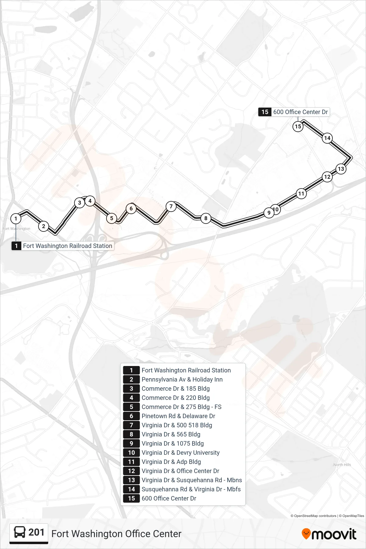 201 bus Line (Fort Washington Office Center) route and stops on a map