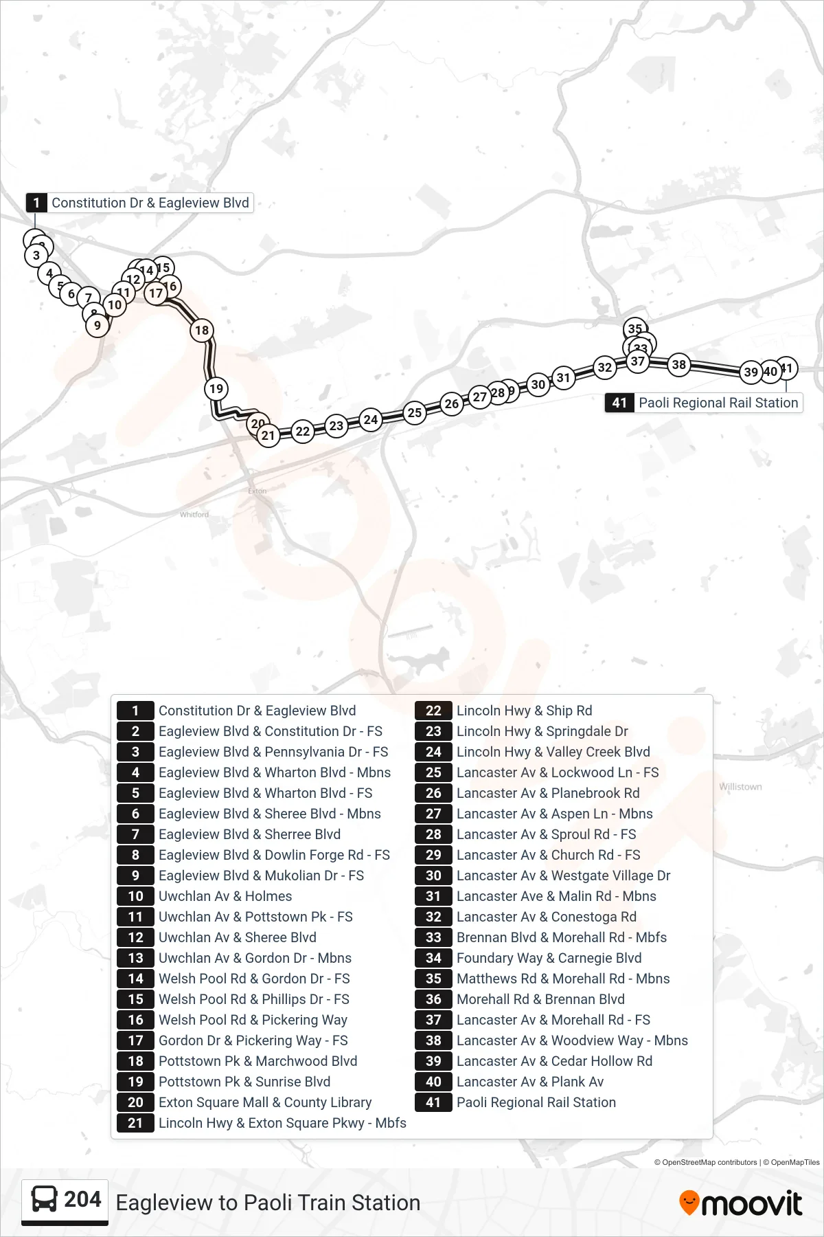 204 bus Line (Paoli Station) route and stops on a map